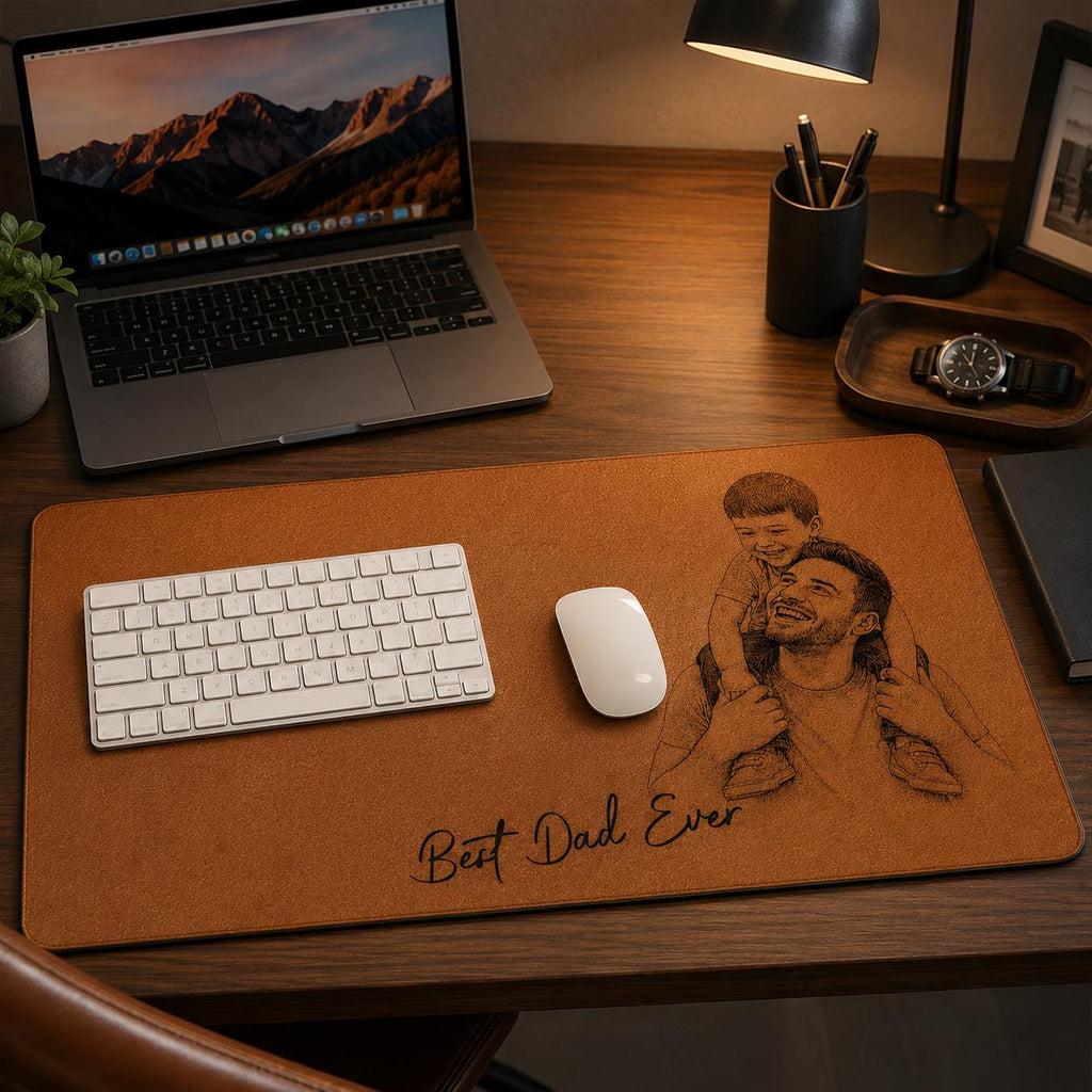 Custom Photo Sketch Line Art Leather Desk Mat, Fathers Day 2026 Gift for Husband, Personalized Daddy Kid Picture Mouse Pad Office Decor