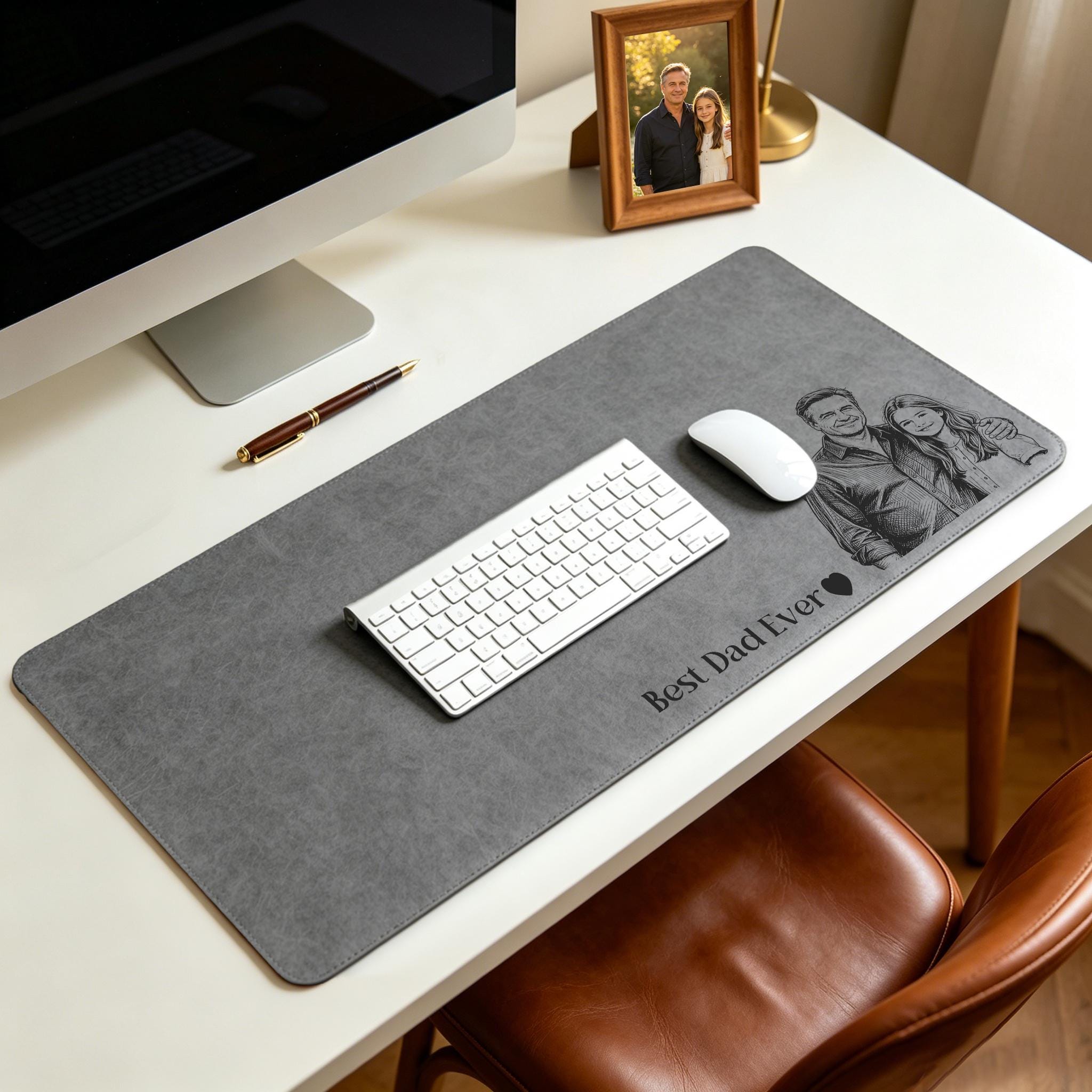 Personalized Dad We Love You Custom Photo Sketch Line Art Desk Mat,father’s Day Gift, Daddy & Kid Line Art Desk Pad,custom Leather Desk Mat