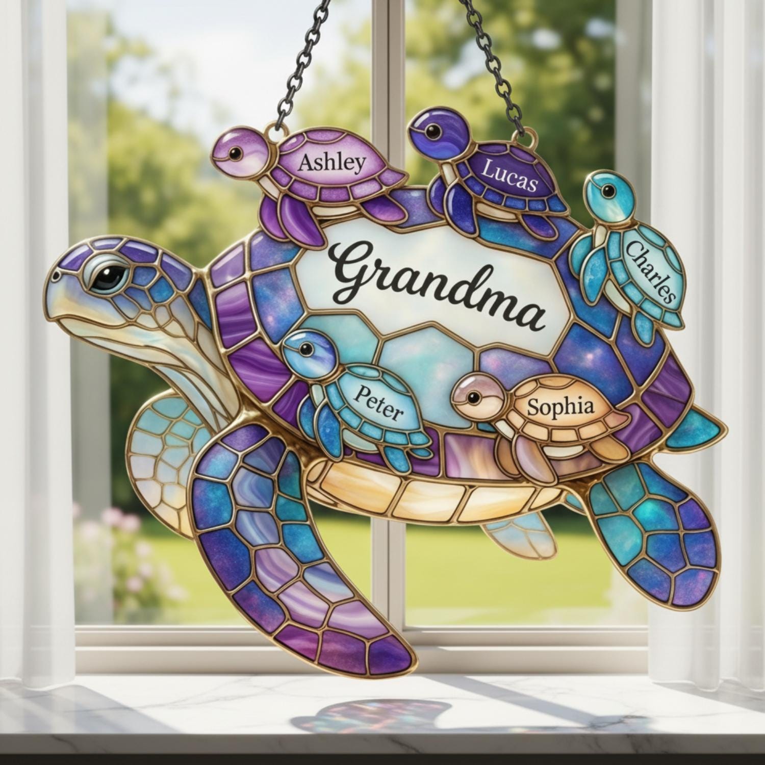 Personalized Sea Turtle Family Suncatcher, Custom Grandma Turtle Acrylic Window Art, Faux Stained Glass Ocean Decor, Mother's Day Gift