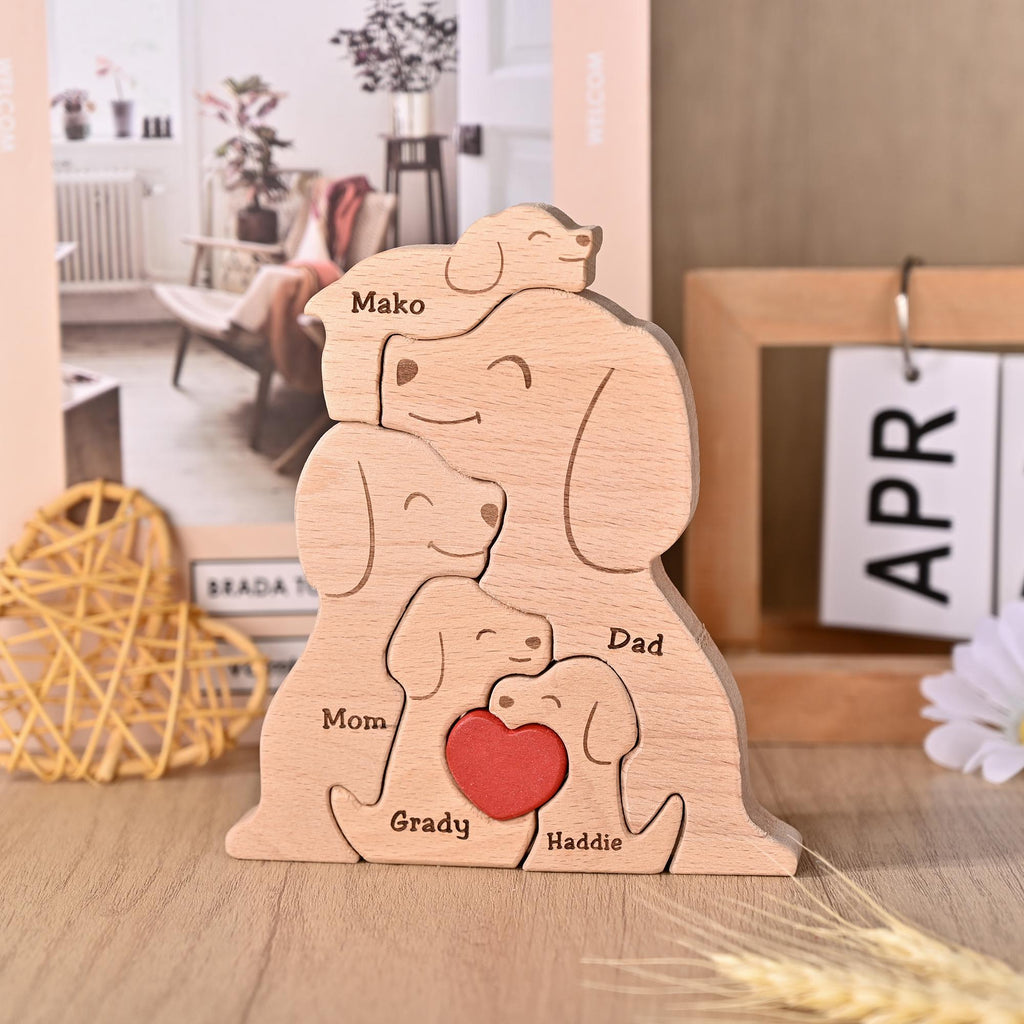 Personalized Wooden Dog Jigsaw Puzzle, Dog Family Figurines, Engraved Family Name Keepsake, Gift for Dog Lovers, Christmas Gift for Dog Mom