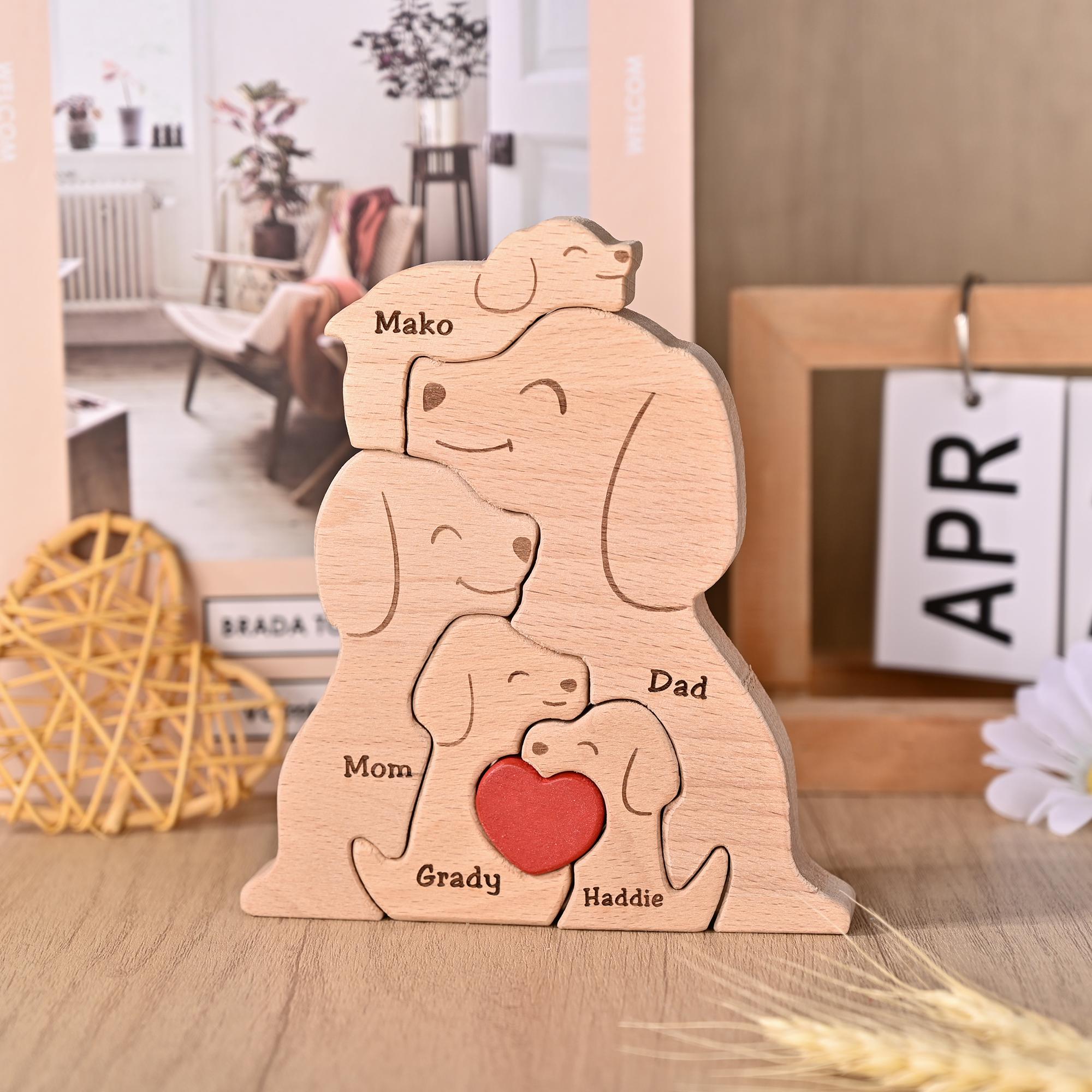 Personalized Wooden Dog Jigsaw Puzzle, Dog Family Figurines, Engraved Family Name Keepsake, Gift for Dog Lovers, Christmas Gift for Dog Mom