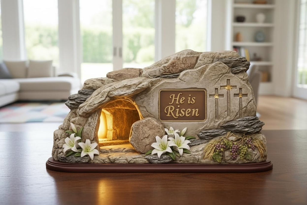 He is Risen Resurrection Tomb Statue - Elegant Christian Easter Home Decor - Lighted Religious Shelf Decor - Easter Celebration Gift