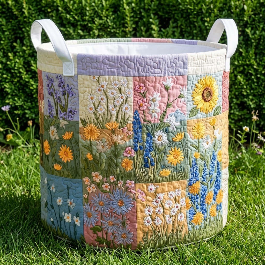 Wild Floral Patchwork Quilted Laundry Basket_ Flowers Hamper, Family Storage Bin