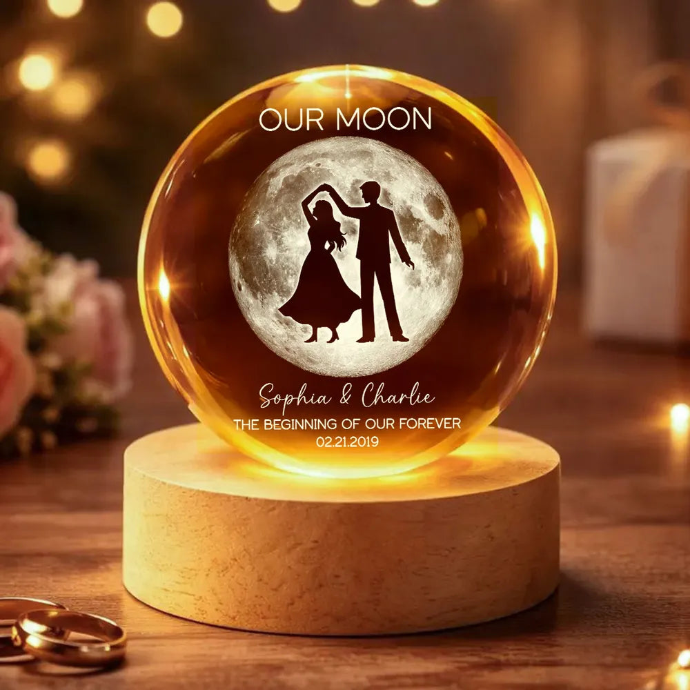 Couple Dancing in the Moonlight, Custom Moon Phase by Date, Personalized Crystal Ball LED Night Light, Valentine's Day Gift For Couple
