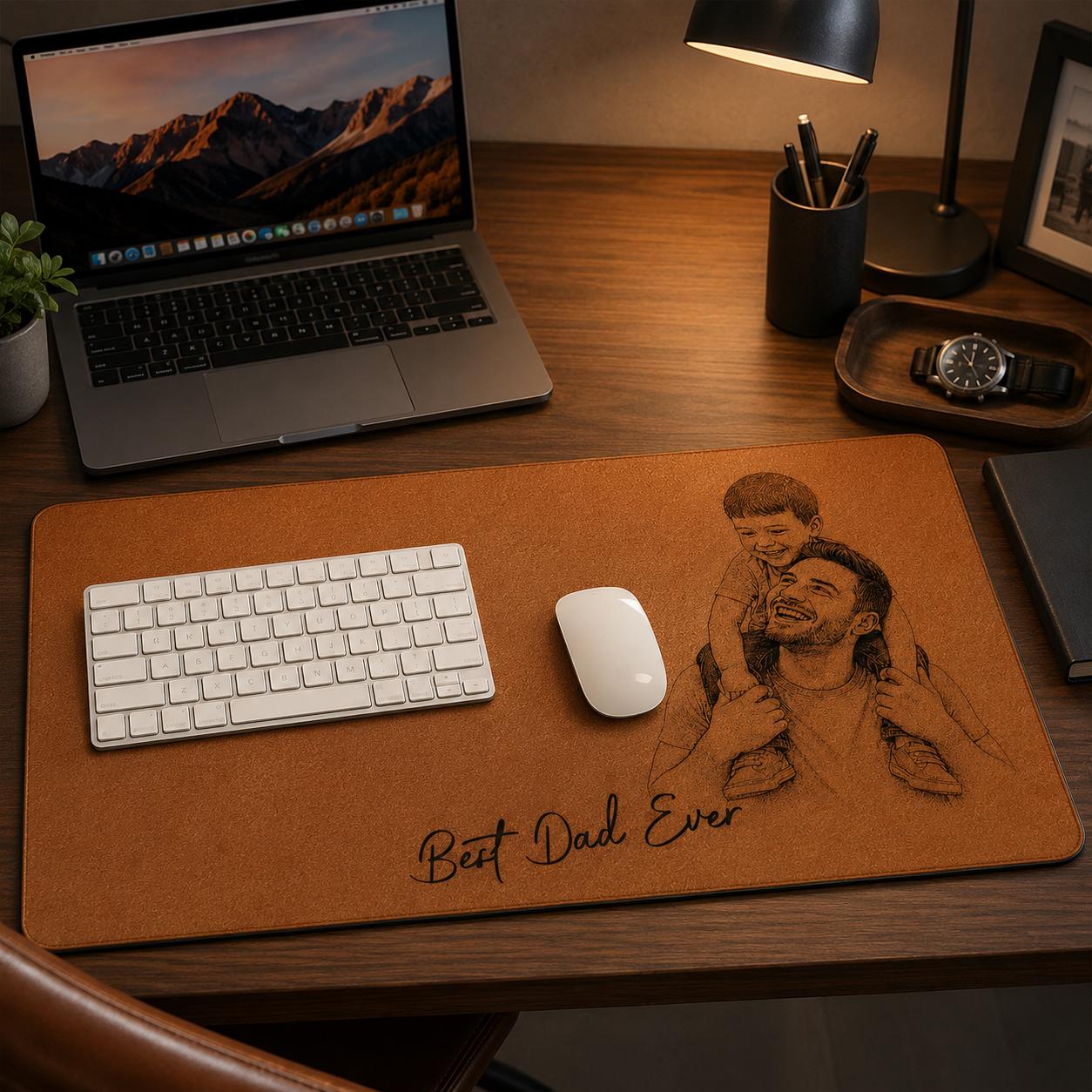 Custom Photo Sketch Line Art Leather Desk Mat, Fathers Day 2026 Gift for Husband, Personalized Daddy Kid Picture Mouse Pad Office Decor