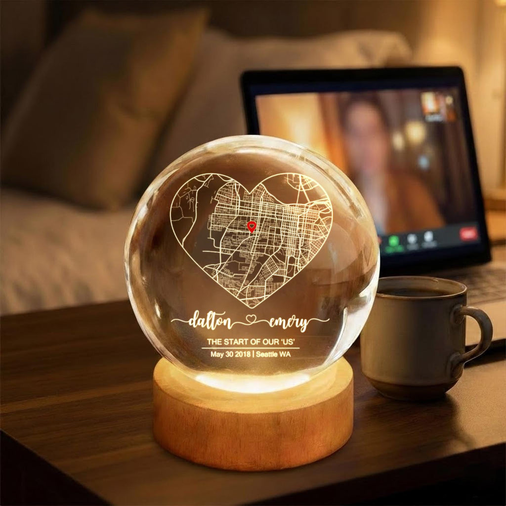 Custom Couple Map Crystal Ball LED Night Light, Personalized Where It All Began Location Gift, Romantic First Date Keepsake for Him or Her