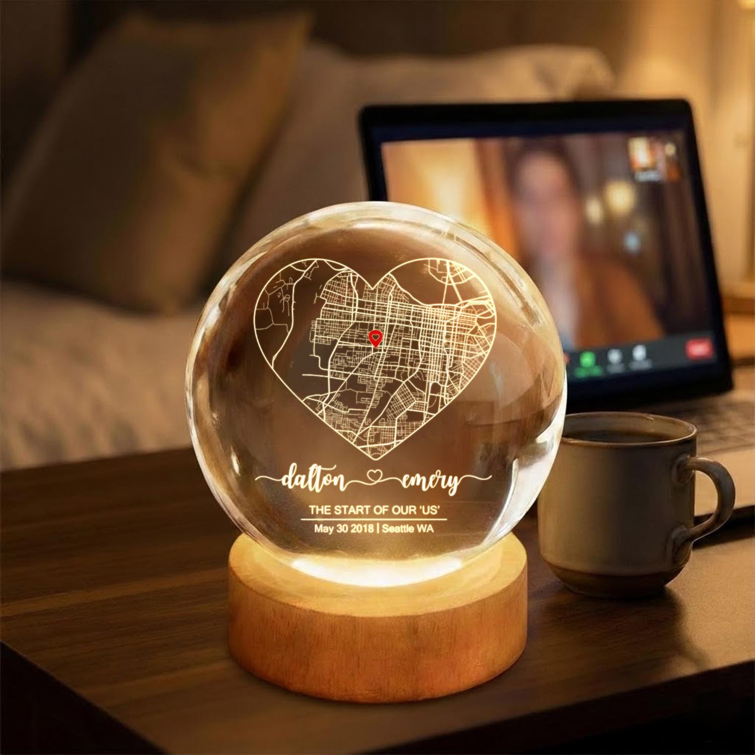 Custom Couple Map Crystal Ball LED Night Light, Personalized Where It All Began Location Gift, Romantic First Date Keepsake for Him or Her