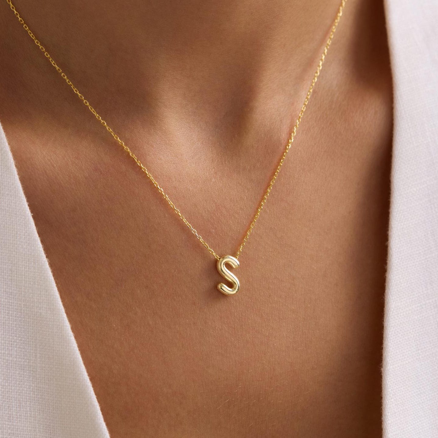 Sterling Silver 3D Bubble Initial Necklace – Custom Letter Pendant, 3D Bubble Letter Necklace, Solid 925 Silver Initial Pendant