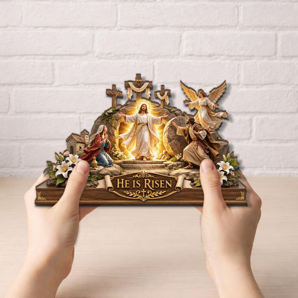He is Risen Easter Wooden Decor, Jesus Resurrection Scene Tabletop Display, Christian Easter Sign, Religious Easter Gift