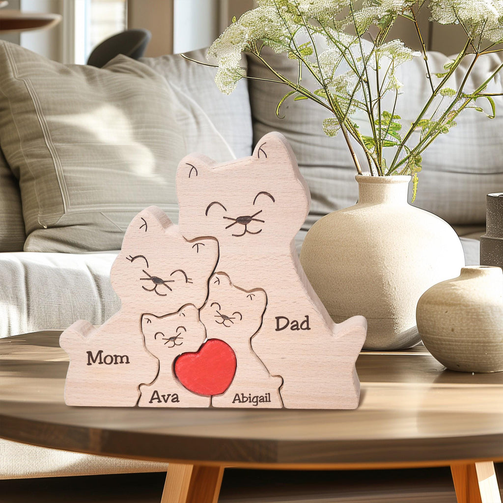Custom Wooden Cat Family Puzzle, Happy Family of 3 Home Decor, Engraved Cat Family Keepsake, Cat Lover Gifts, Cat Mum Gifts, Christmas Gifts