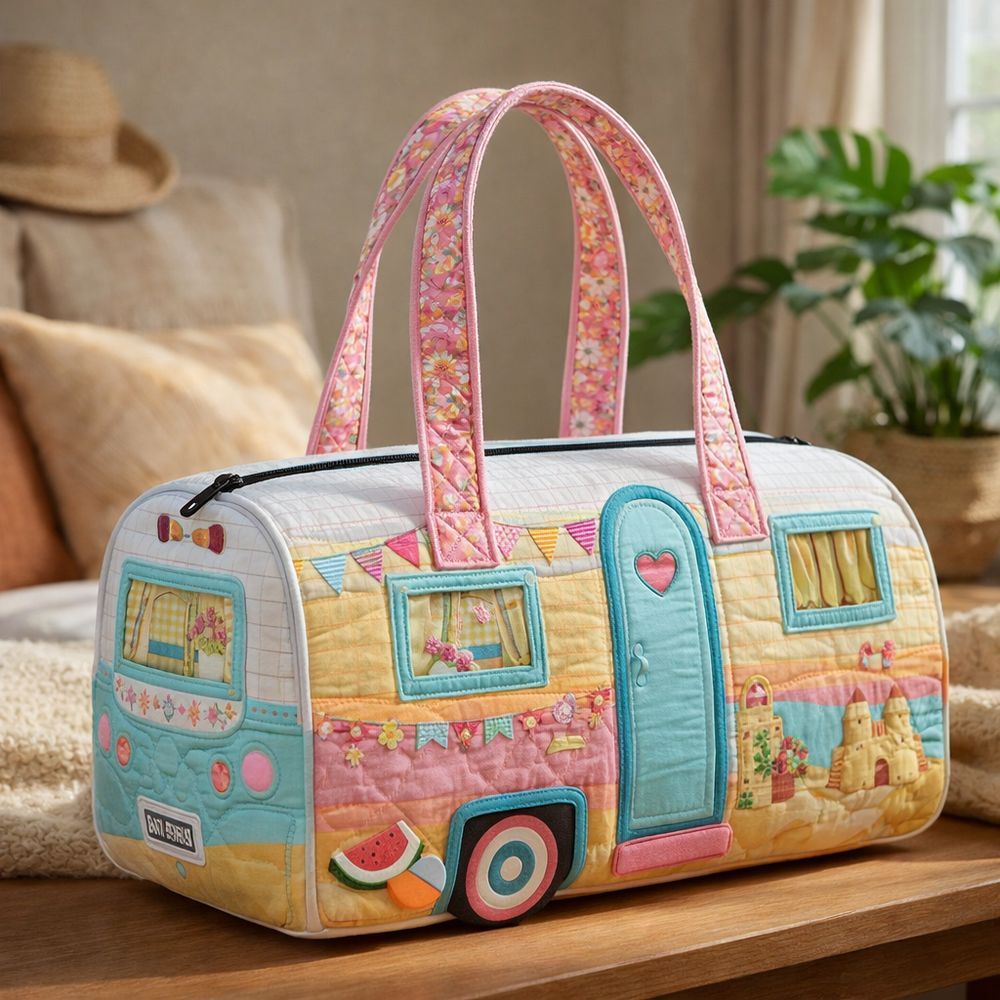 Cute Van Style Quilted Look Sports Bag, Beach Scene Flat Printed Travel Duffle Bag, Large Capacity Weekender Handbag