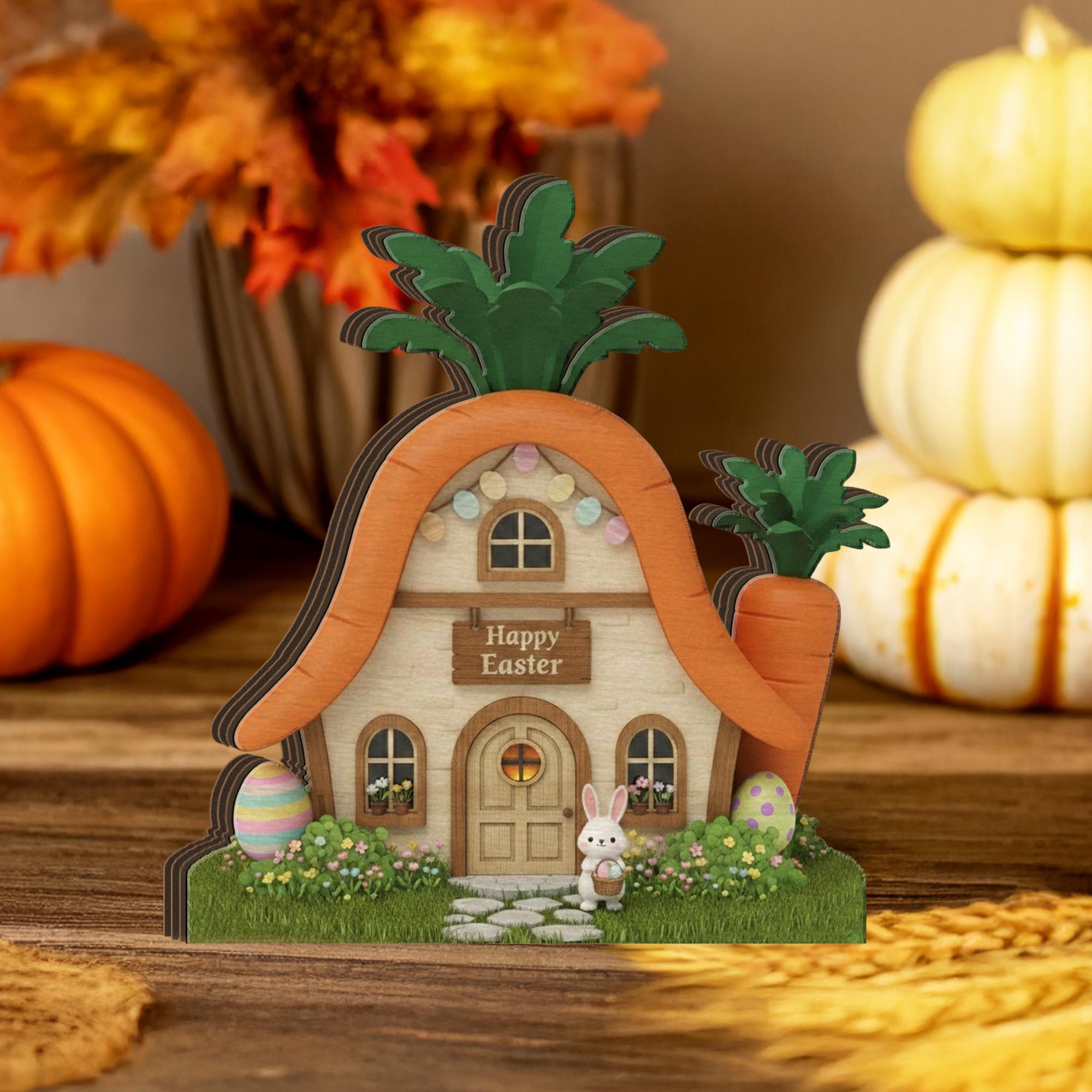 Wooden Block Easter Carrot House Decor, Layered Spring Bunny Cottage Sign