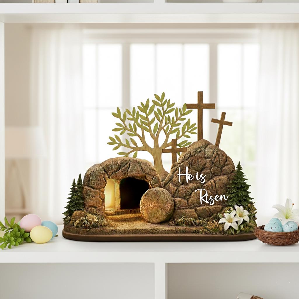 He is Risen Easter Wooden Decor, Christian Resurrection Empty Tomb Scene, Handmade Religious Cross Egg Ornament, Faith Easter Home Gift