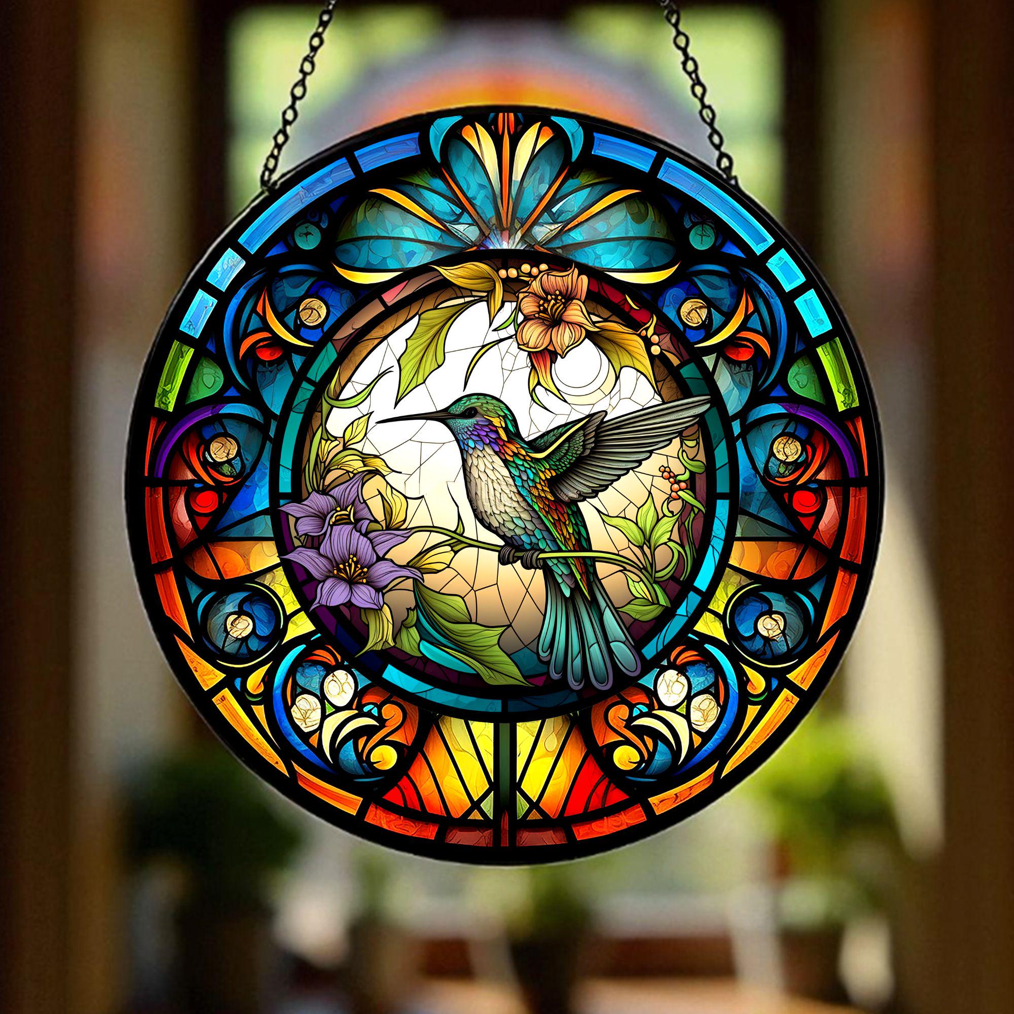 Bird Suncatcher, Stained Glass Style Window Hanging, Colorful Hummingbird Sun Catcher, Floral Nature Inspired Glass Art, Unique Gift Decor
