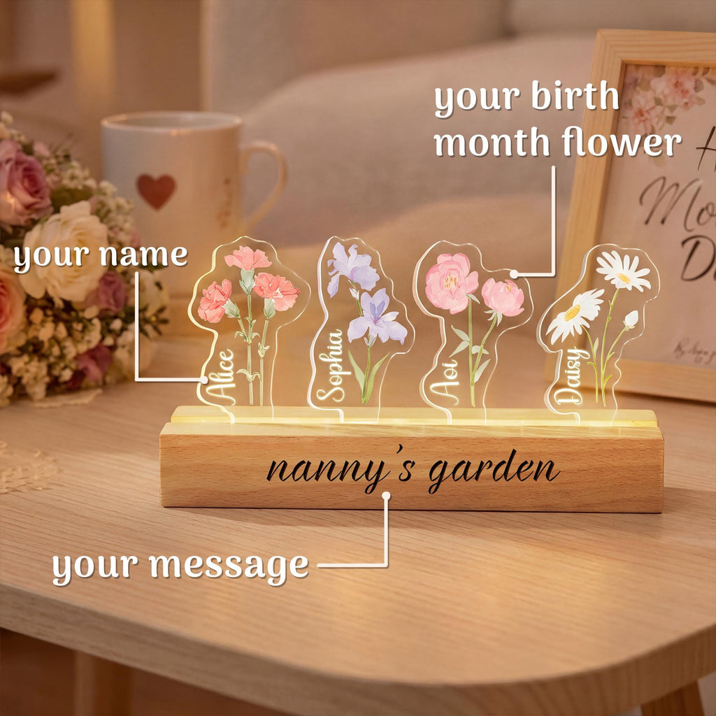 Personalized Nanny's Garden Birth Month Flower Night Light, Customized LED Lamp With Kids Names, Mother's Day Gift for Mom