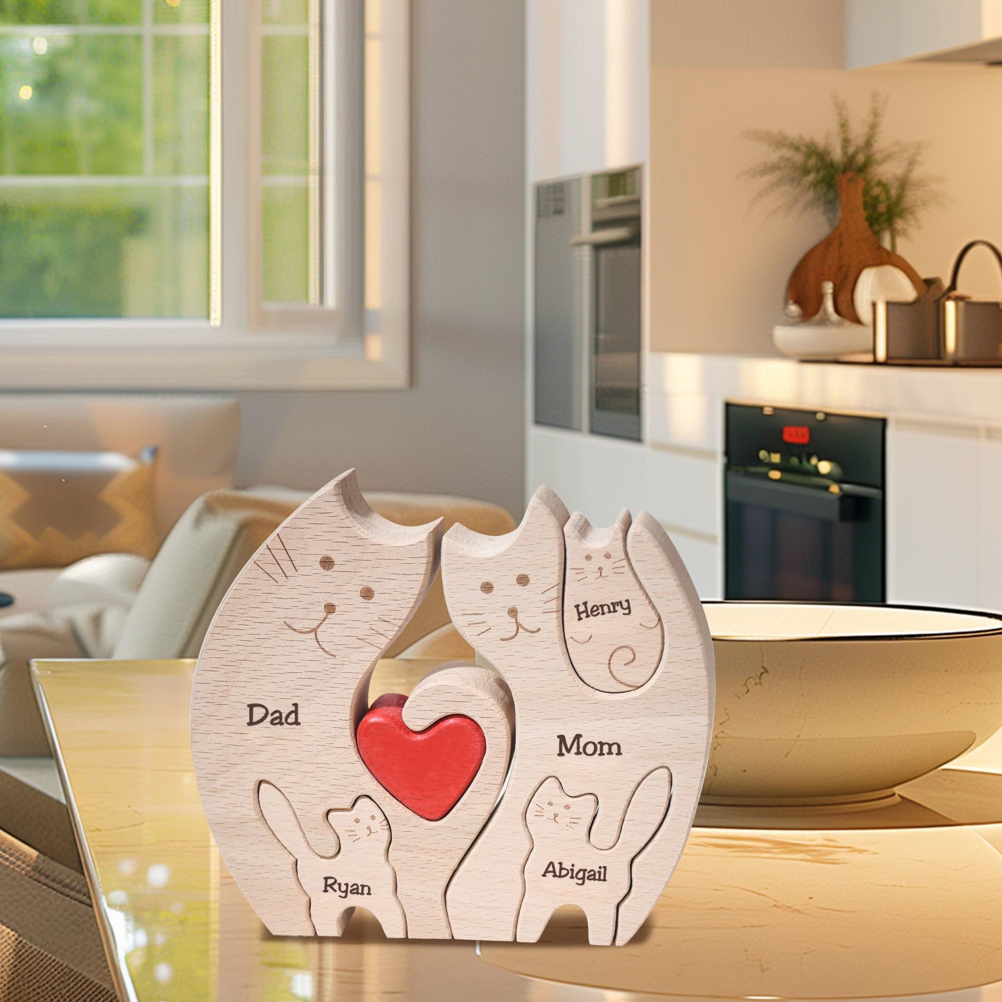 Custom Wooden Cat Family Puzzle, Wood Cat Figurines, Family Name Keepsake, Family of 4 Home Decor, Cat Lover Gifts, Birthday Gift for Wife