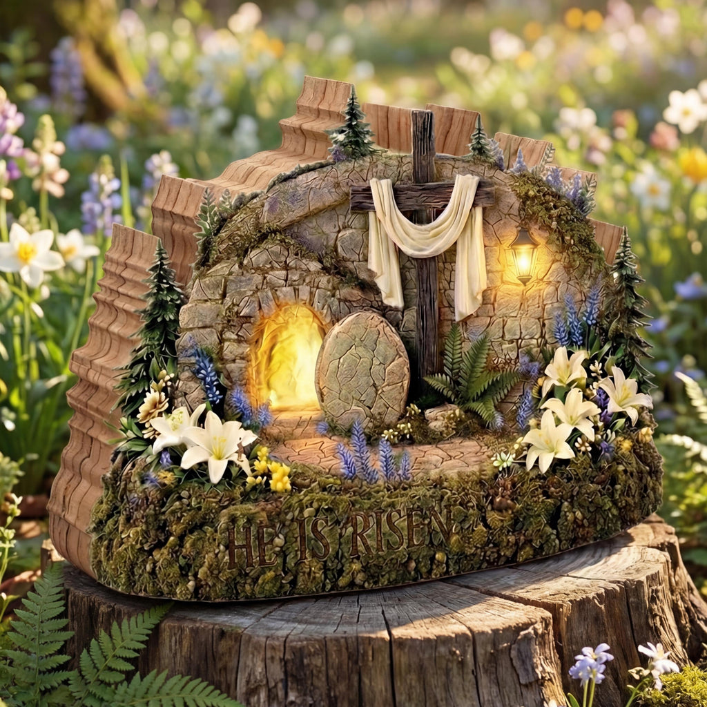 He is Risen Empty Tomb Wooden Block, Christian Easter Decor, Resurrection Scene Shelf Art, Religious Gift, Lighted Tabletop Sign