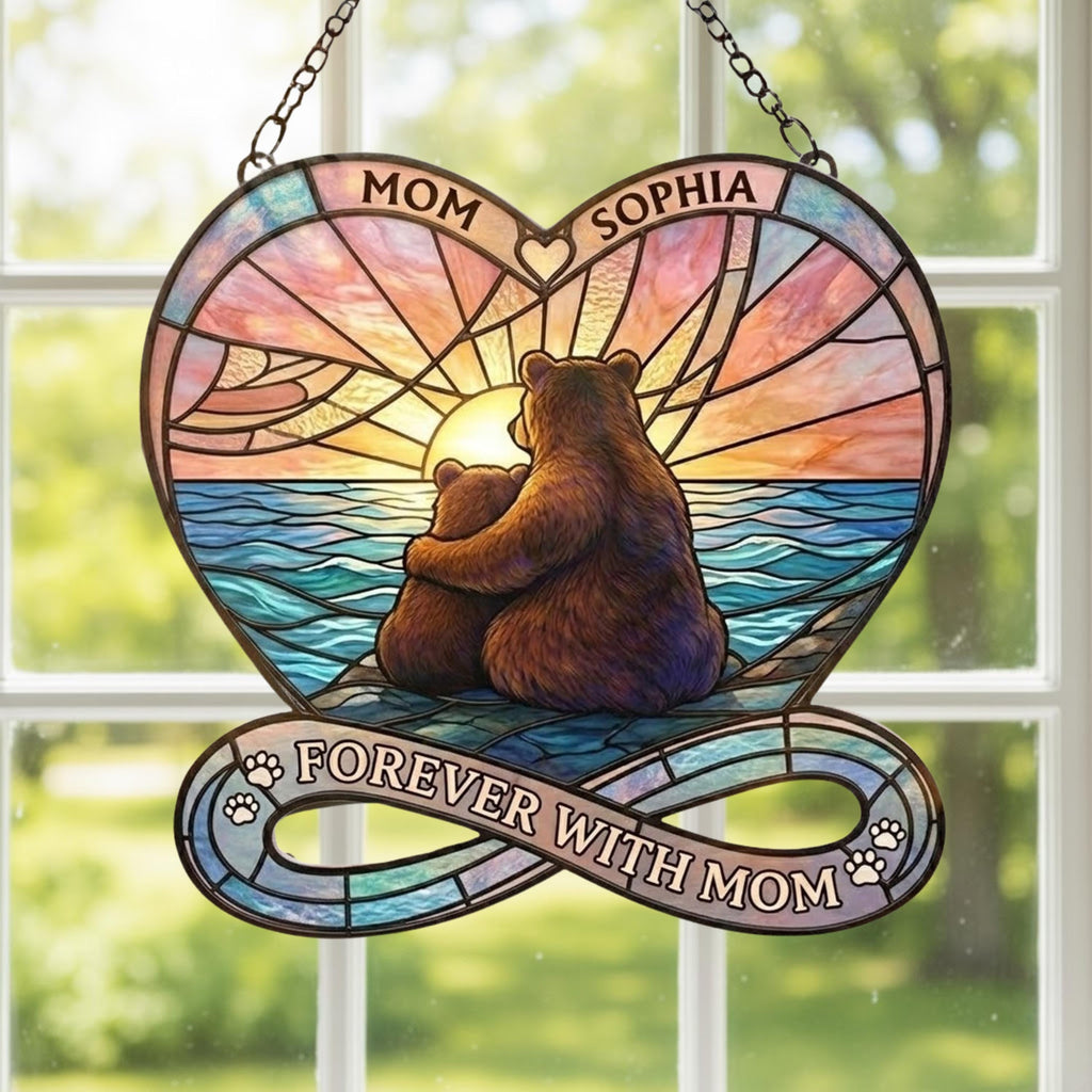 Personalized Bear Mom & Daughter Acrylic Suncatcher, Heart Acrylic Window Hanging, Mother's Day Gift, Forever With Mom Decor, Gift for Mom