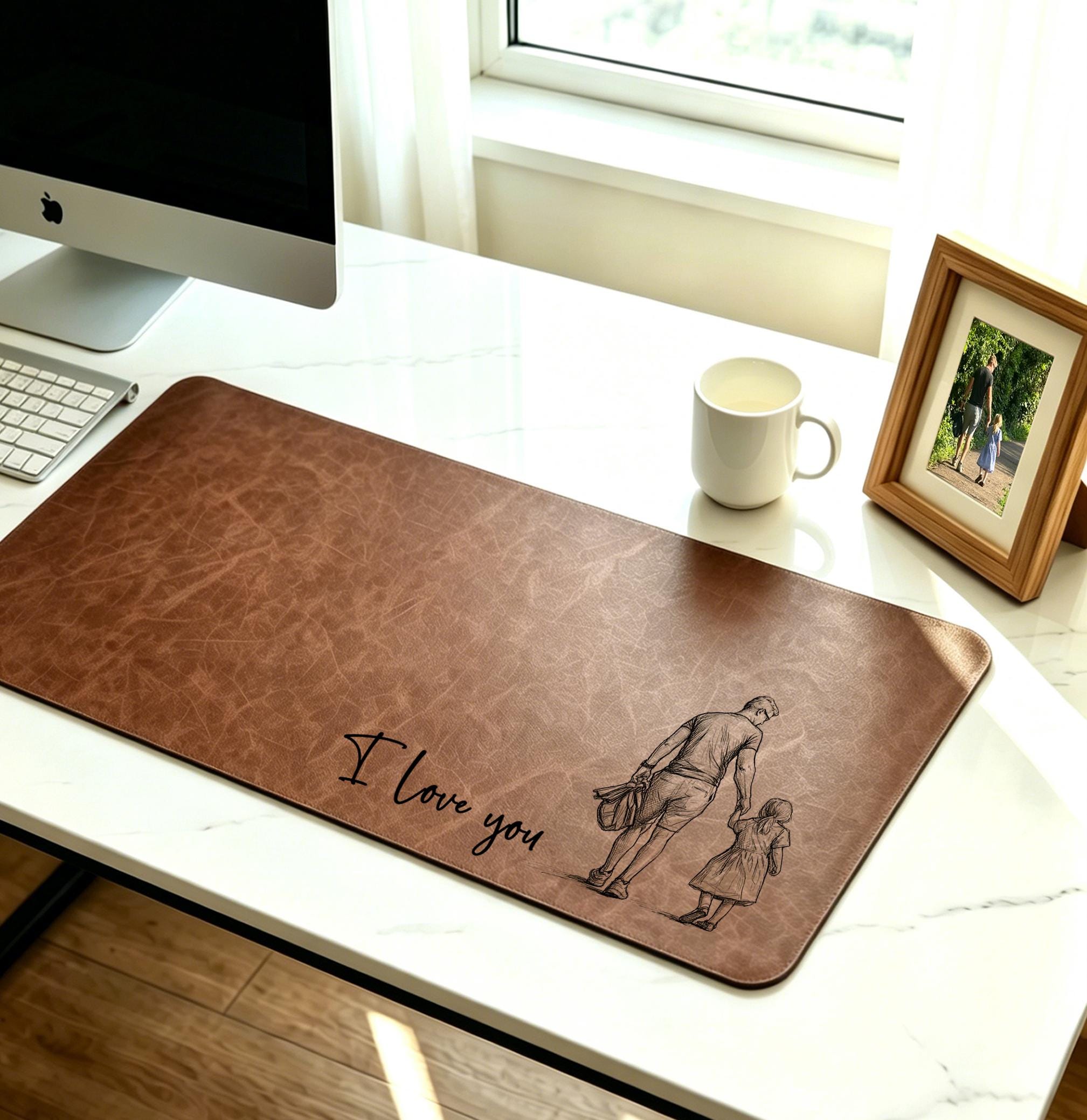 Personalized Dad We Love You Custom Photo Sketch Line Art Desk Mat, Father's Day Gift for Husband, Daddy & Kid Picture Desk Pad Mouse Mat
