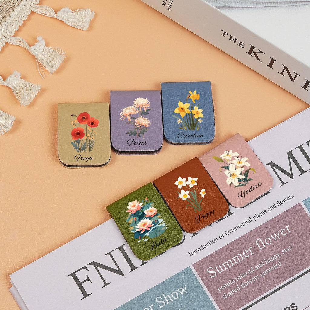 Personalized Leather Magnetic Bookmark_ Birthday Flower Gift, Leather Bookmark, Library Bookmark, Bookmark for Women