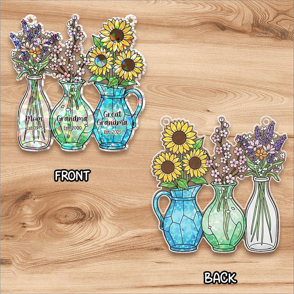 Personalized Mom Grandma Great-grandma Flower Suncatcher, Floral Jar Hologram Ornament, Grandma's Gifty, Mother's Day Gift