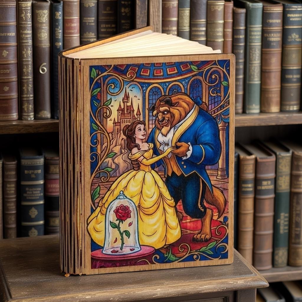 Beauty and the Beast Book Lamp, Disney Couple Wood Folding Book Lamp, Enchanted Belle Princess Reading Lamp, Disney Night Light