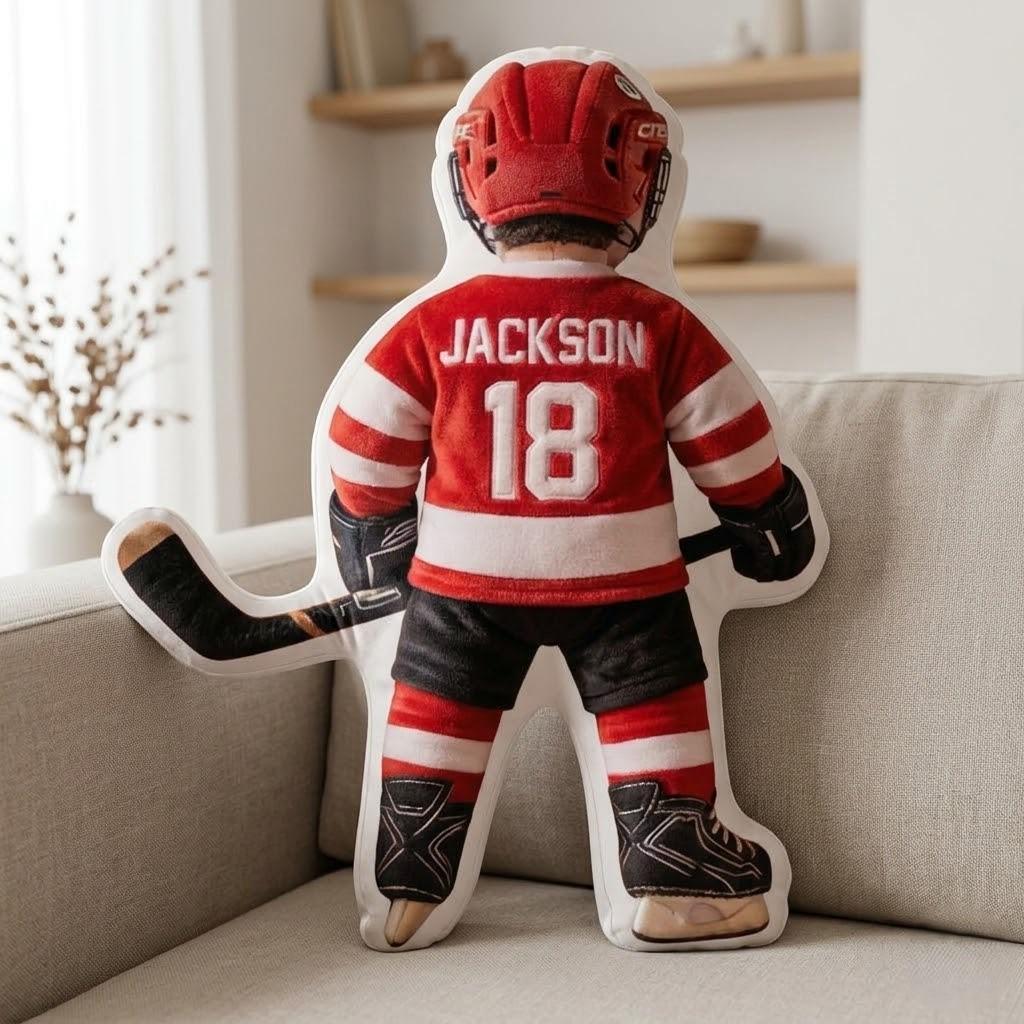 Personalized Hockey Player Pillow Custom Name Number Flat Printed 3D Look NOT Embossed Kids Sports Cushion Team Uniform Gift Room Decor
