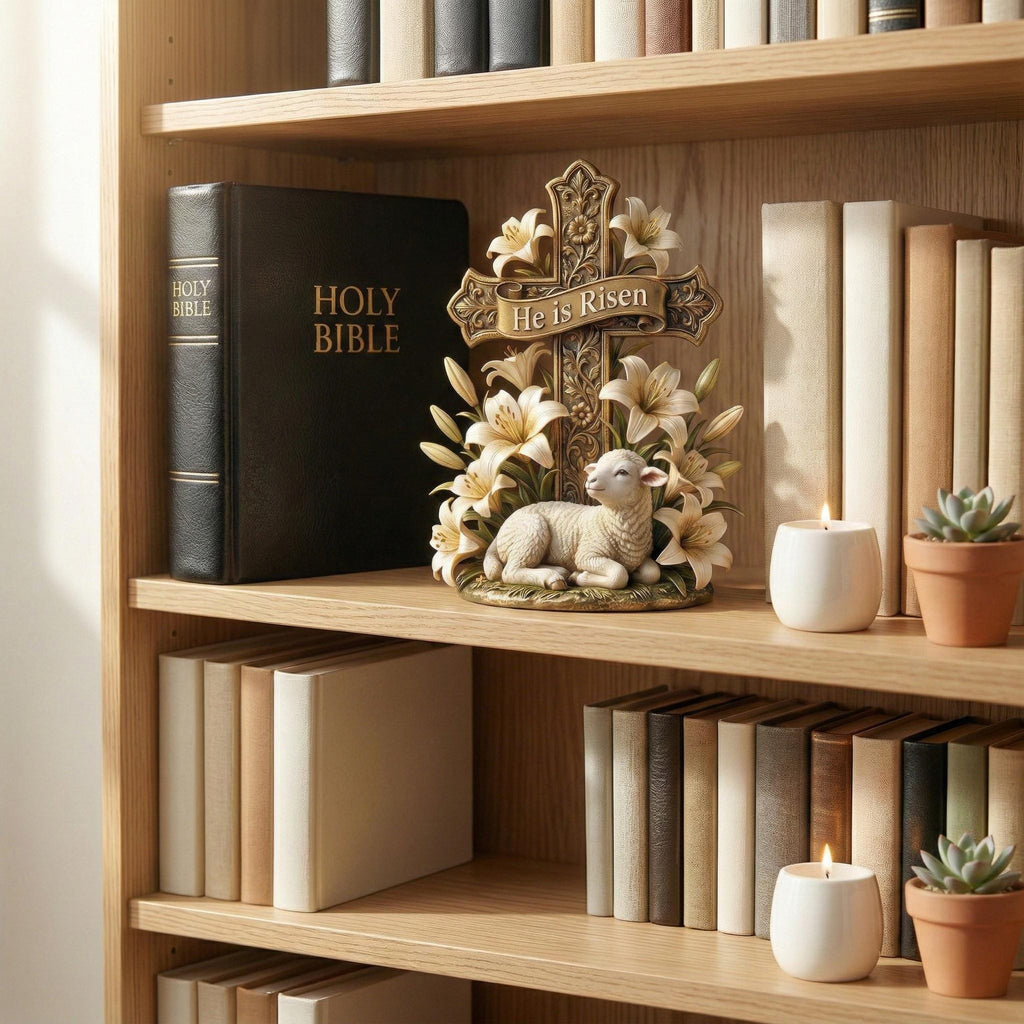 He is Risen Easter Cross Statue With Lamb & Lily, Resurrection Scene Christian Figurine, Easter Home Decor, Pastor Appreciation Gift.