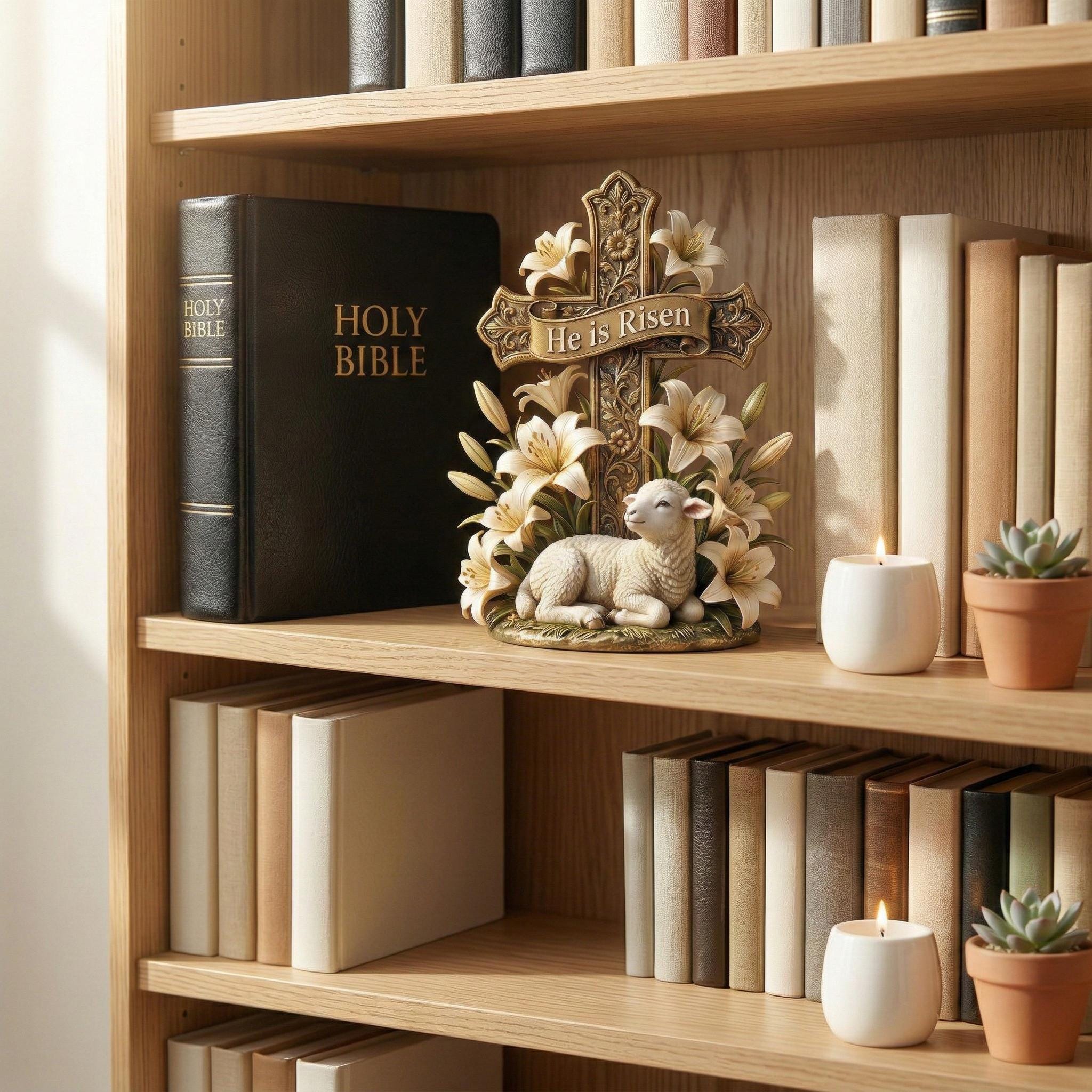 He is Risen Easter Cross Statue With Lamb & Lily, Resurrection Scene Christian Figurine, Easter Home Decor, Pastor Appreciation Gift.
