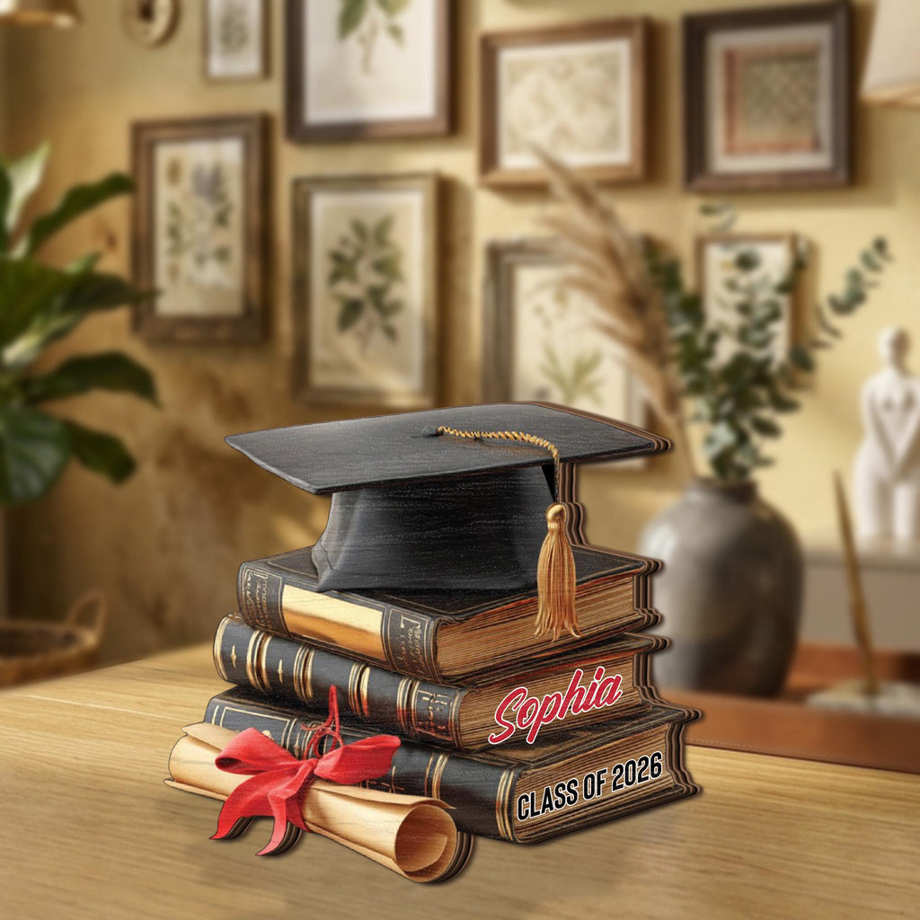 Class of 2026 Graduation Wooden Block Sign, Personalized Keepsake, Custom Name Graduate Decor, Cap and Books Design, Graduation Gift