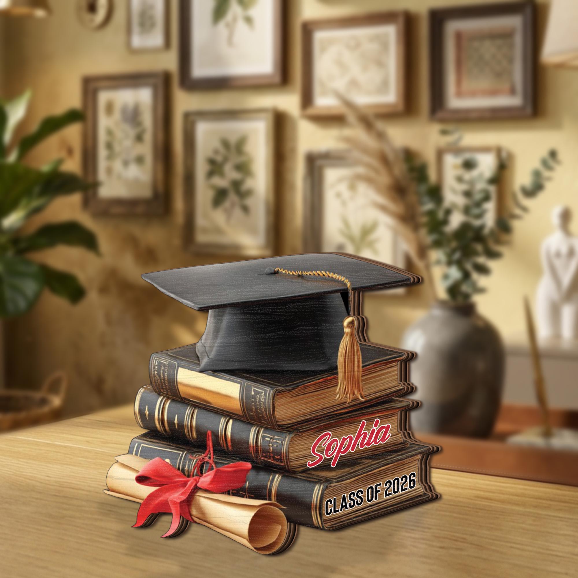Class of 2026 Graduation Wooden Block Sign, Personalized Keepsake, Custom Name Graduate Decor, Cap and Books Design, Graduation Gift