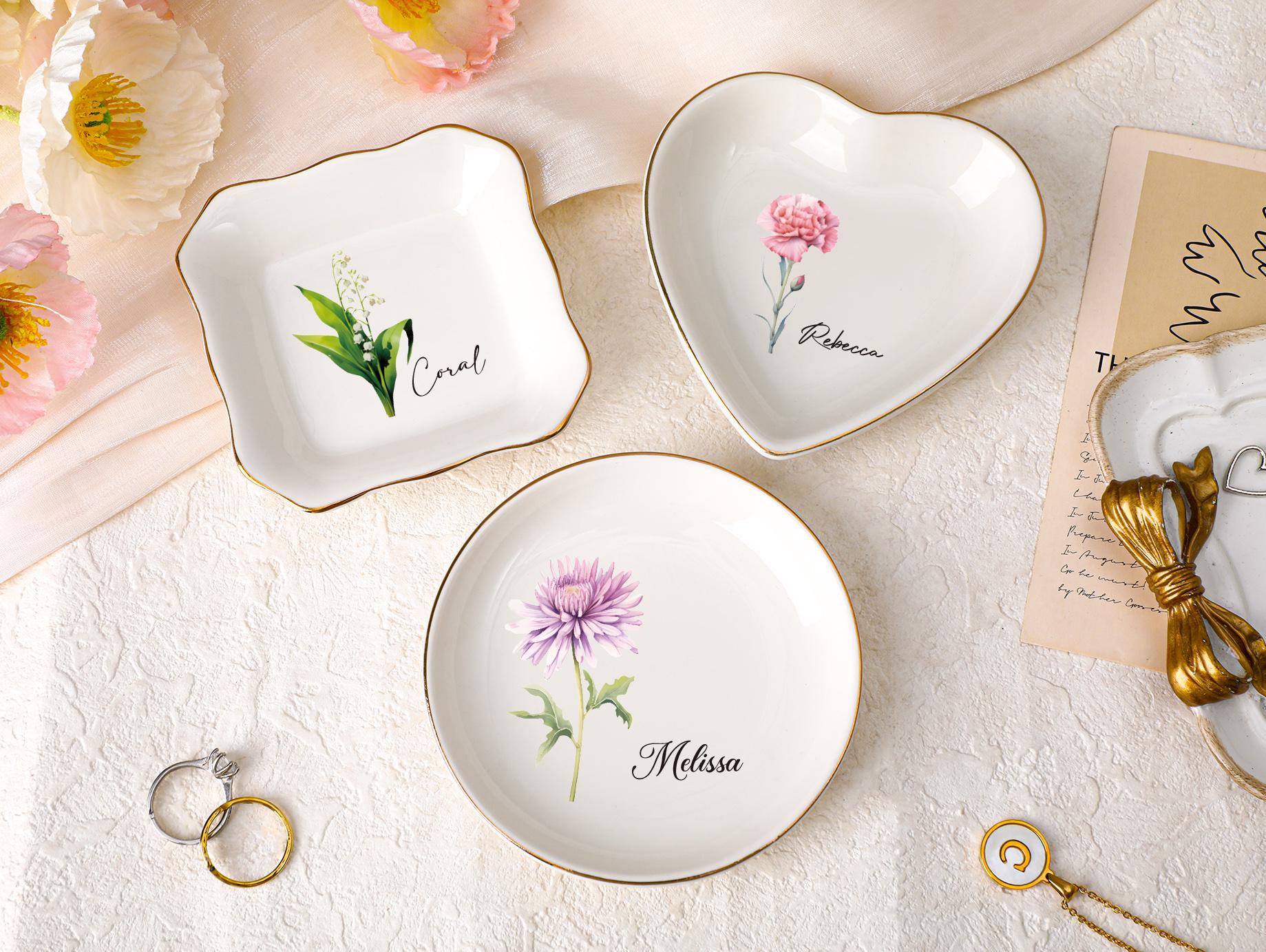 Personalized Birth Flower Jewelry Dish, Watercolor Flower Trinket Dish, Custom Ring Trinket Dish, Bridesmaid Gift, Birthday Gift for Her