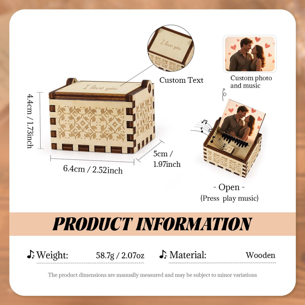 Personalized Wooden Music Box, Custom Photo & Song, Engraved “I Love You” Gift, Romantic Keepsake for Wife, Mom, Valentine’s Day