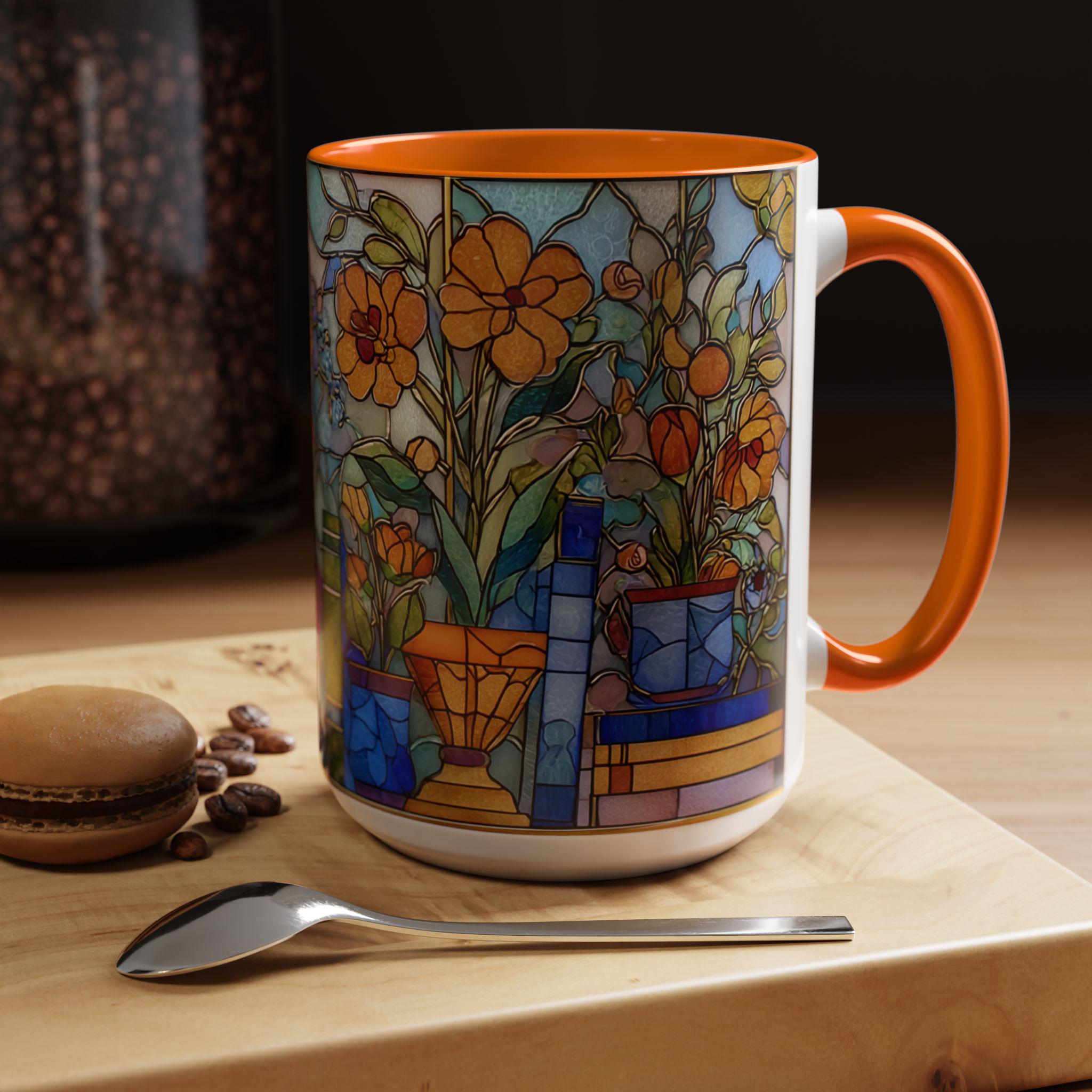 Stained Glass Floral Bookshelf Mug _ Colorful Ceramic Coffee Cup With Flowers, Modern Ceramic Mug – Elevate Your Coffee Time