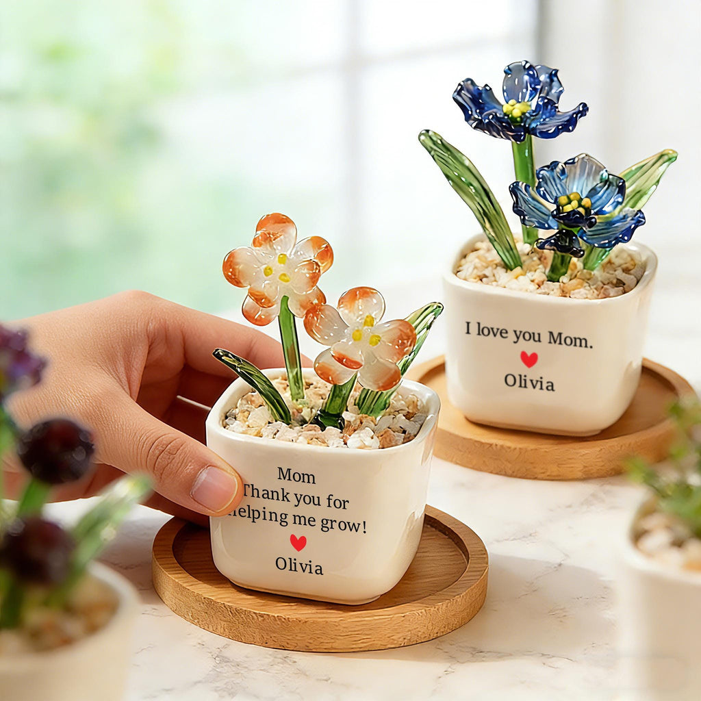 Hand Blown Glass Potted Flowers, Custom Birth Flower Pot, Mother's Day Gift, Stained glass Plant,Home Decor,Housewarming Gift,Gift for Mom