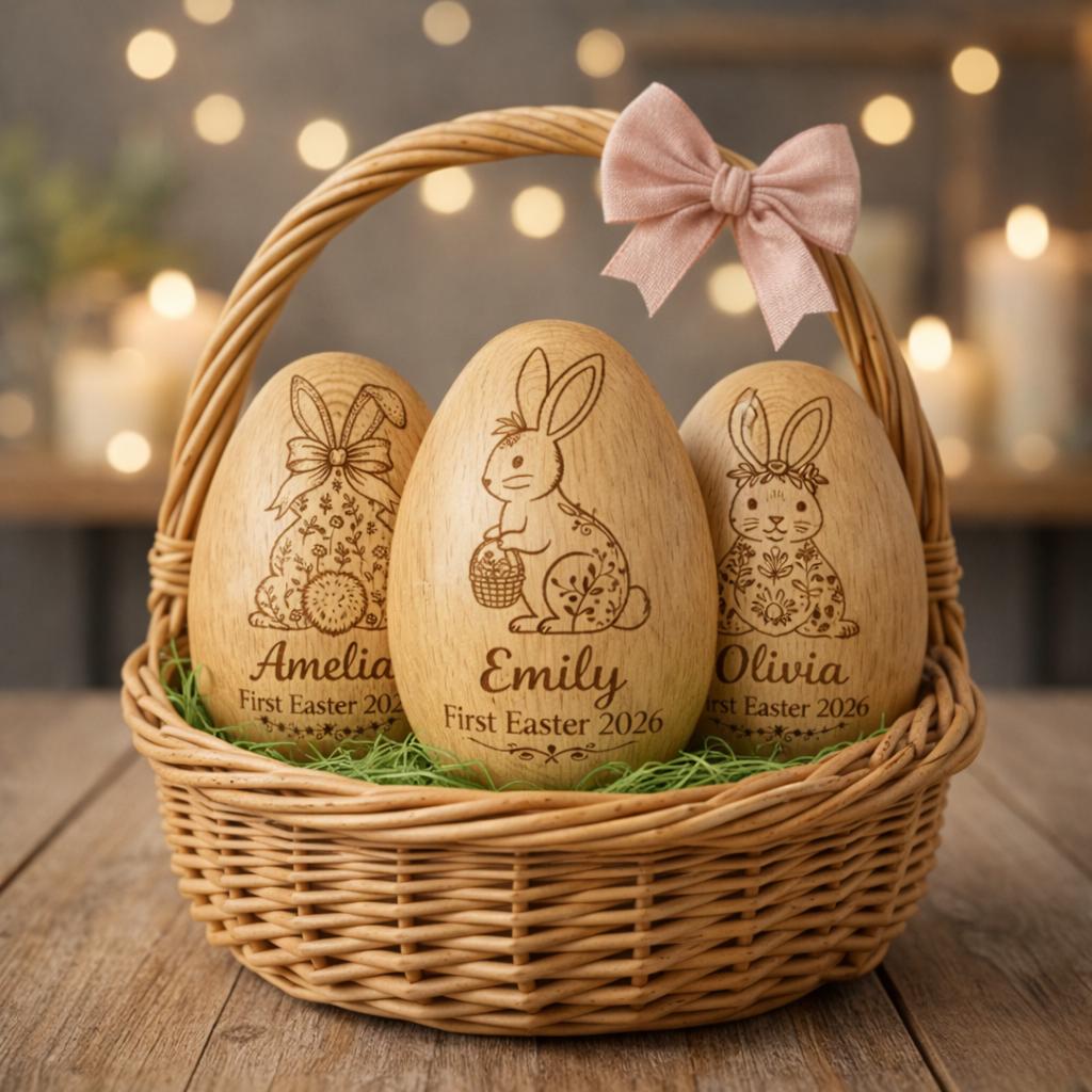 Personalized Musical Wooden Easter Egg Shakers, Custom Egg Cups, Engraved Egg Shaker Kids, Easter Gifts, Baby First Easter