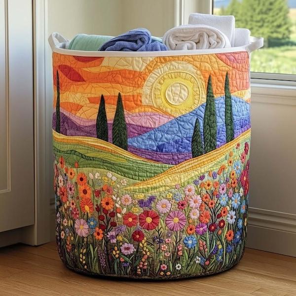Daybreak Flower Field Quilted Laundry Basket_ Sunrise Meadow Hamper, Floral Hill Storage Bin