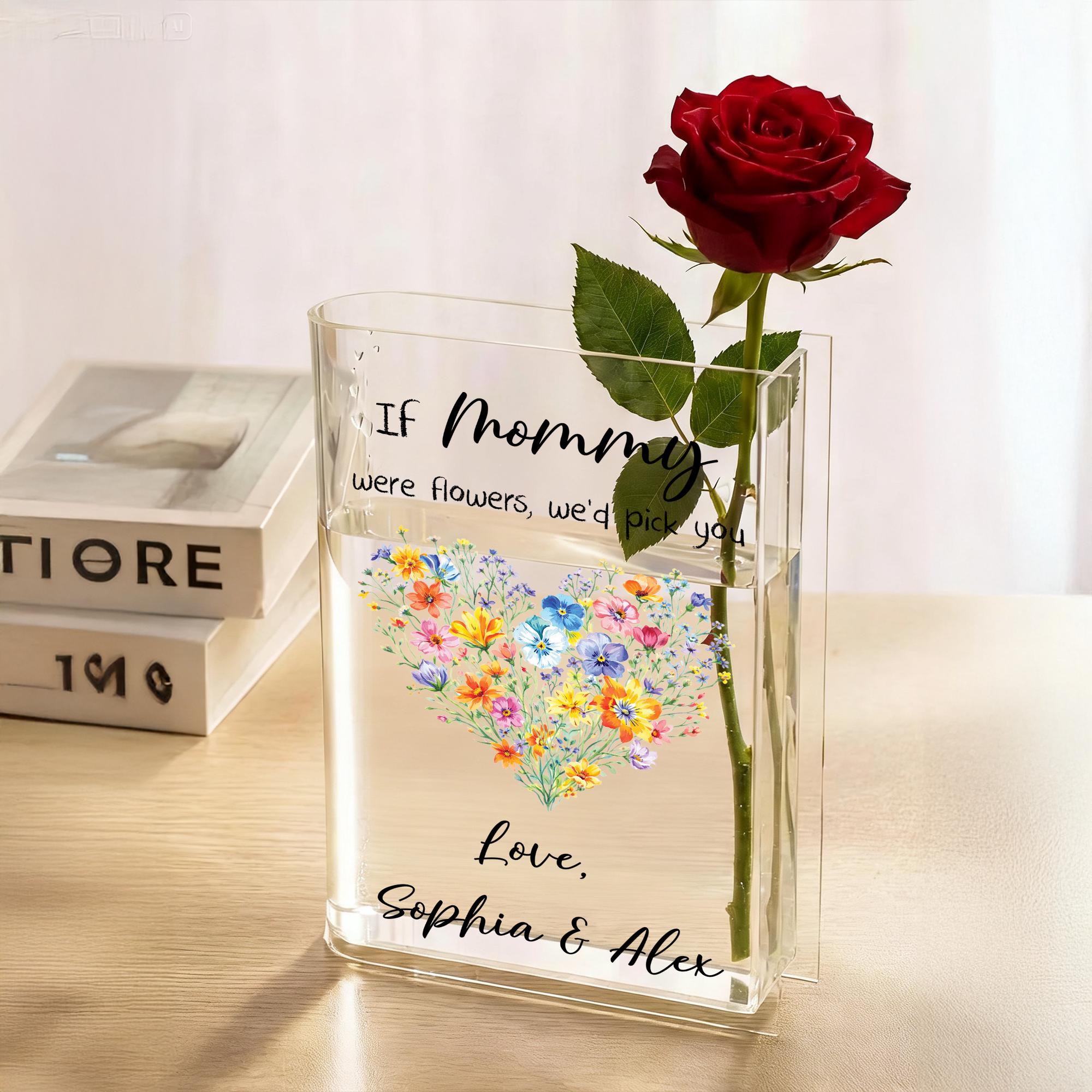 Personalized Wildflower Vase for Mom, If Mothers Were Flowers We Would Pick You, Custom Name Clear Book Vase, Mother's Day Gift From Kids