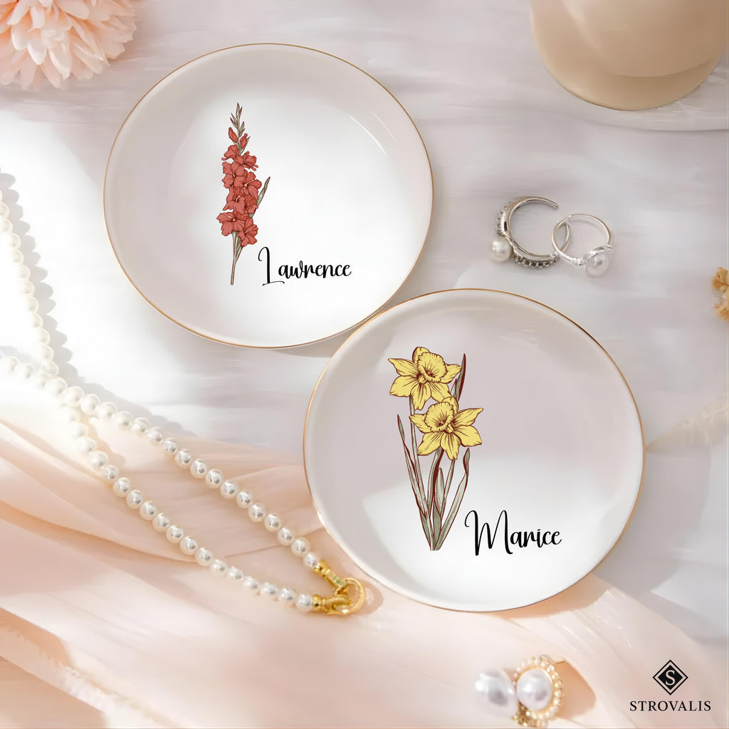 Personalised Birth Flower Trinket Dish, Custom Watercolor Flower Ring Dish, Wedding Bridesmaid Gift, Birthday Jewelry Dish, Christmas Gifts