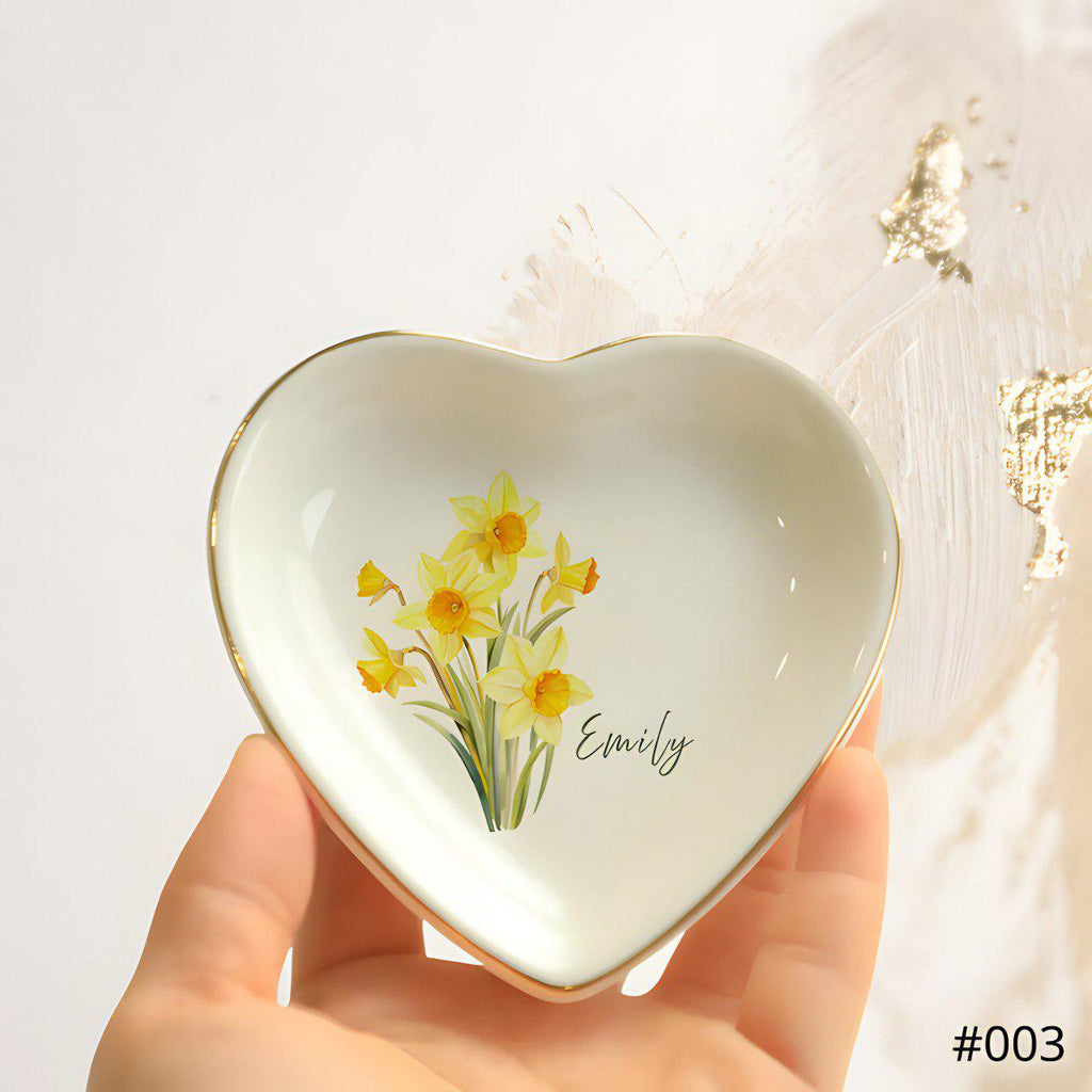 Personalized Birth Flower Jewelry Dish, Custom Ceramic Ring Dish, Custom Name Trinket Dish, Gift for Her, Gift