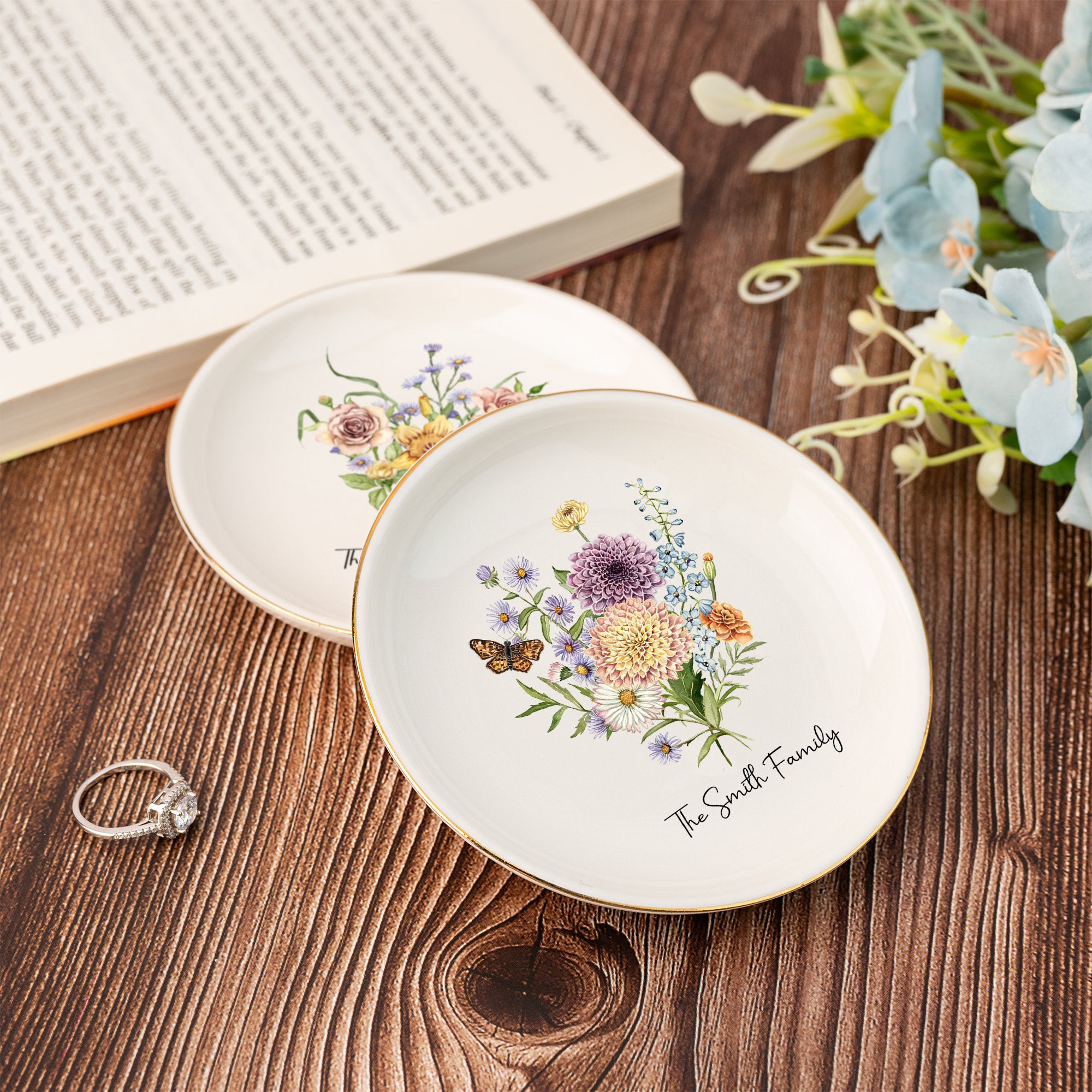 Personalized Birth Flower Jewelry Dish,family Flower Bouquet Ring Dish,wedding Gifts,birthday Jewelry Dish Gift for Mom,bridesmaid Gifts