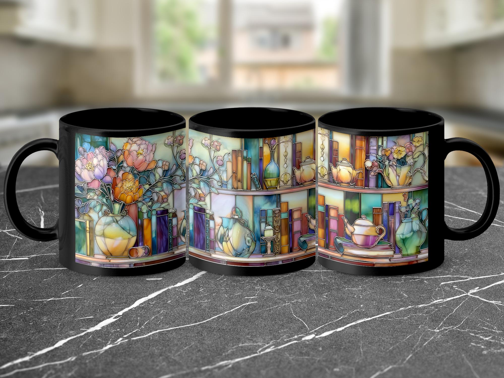 Floral Bookshelf Mug, Faux Stained Glass Effect, Unique Tea Lover Gift, Book Lover Gift, Unique Coffee Mug, Decorative Mug, Premium Ceramic Mug – Everyday Use & Gift Idea