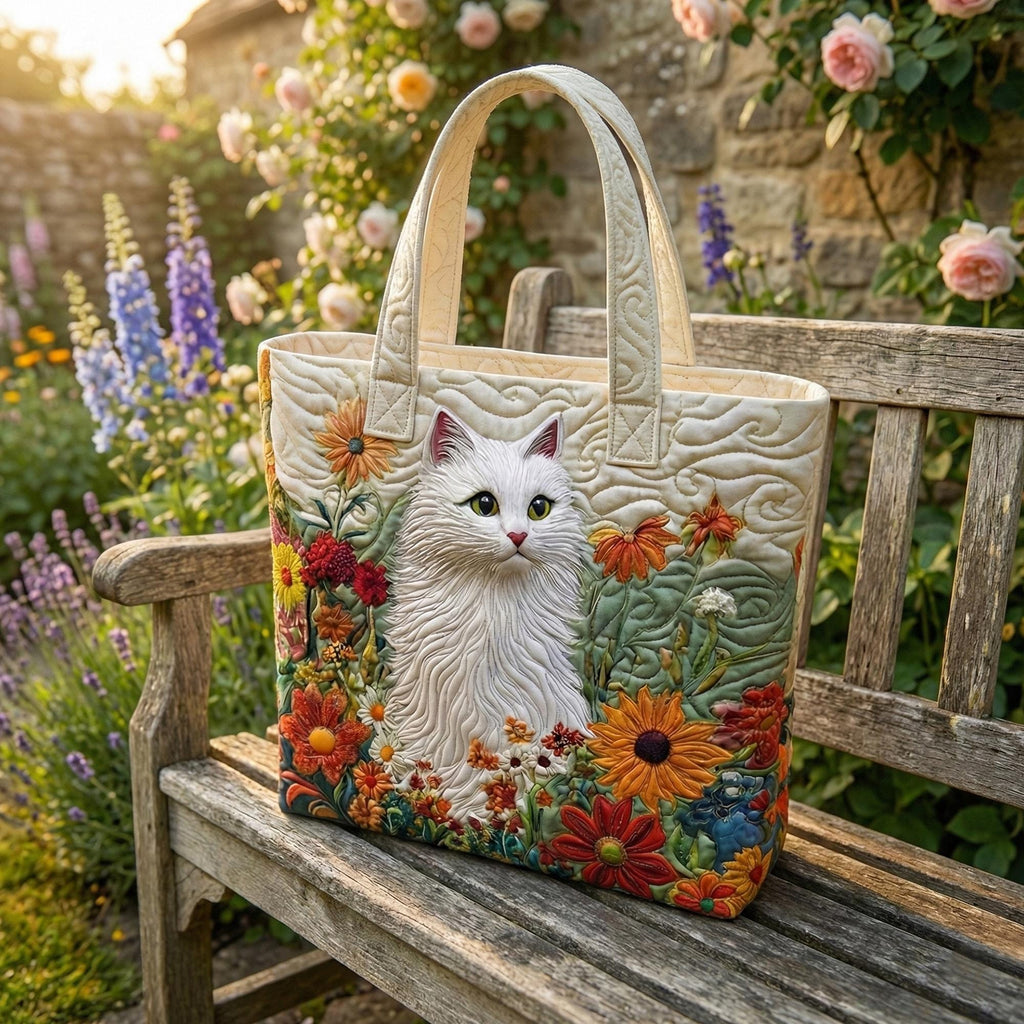 Quilted Cat Tote Bag, White Persian Cat Handbag, Floral Applique Purse, Botanical Garden Bag, Gift for Cat Mom, Handmade Shoulder Bag