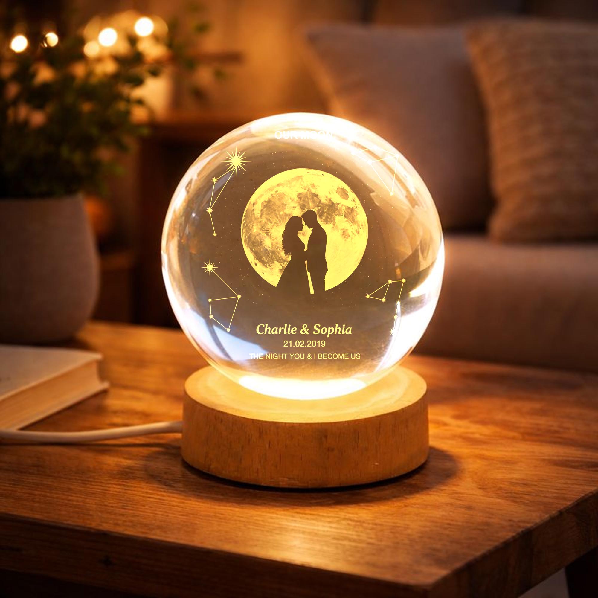Our Moon Custom Moon Phase Light, Personalized Crystal Ball LED Night Light, Anniversary Gift for Couple, Valentine Gift for Husband Wife