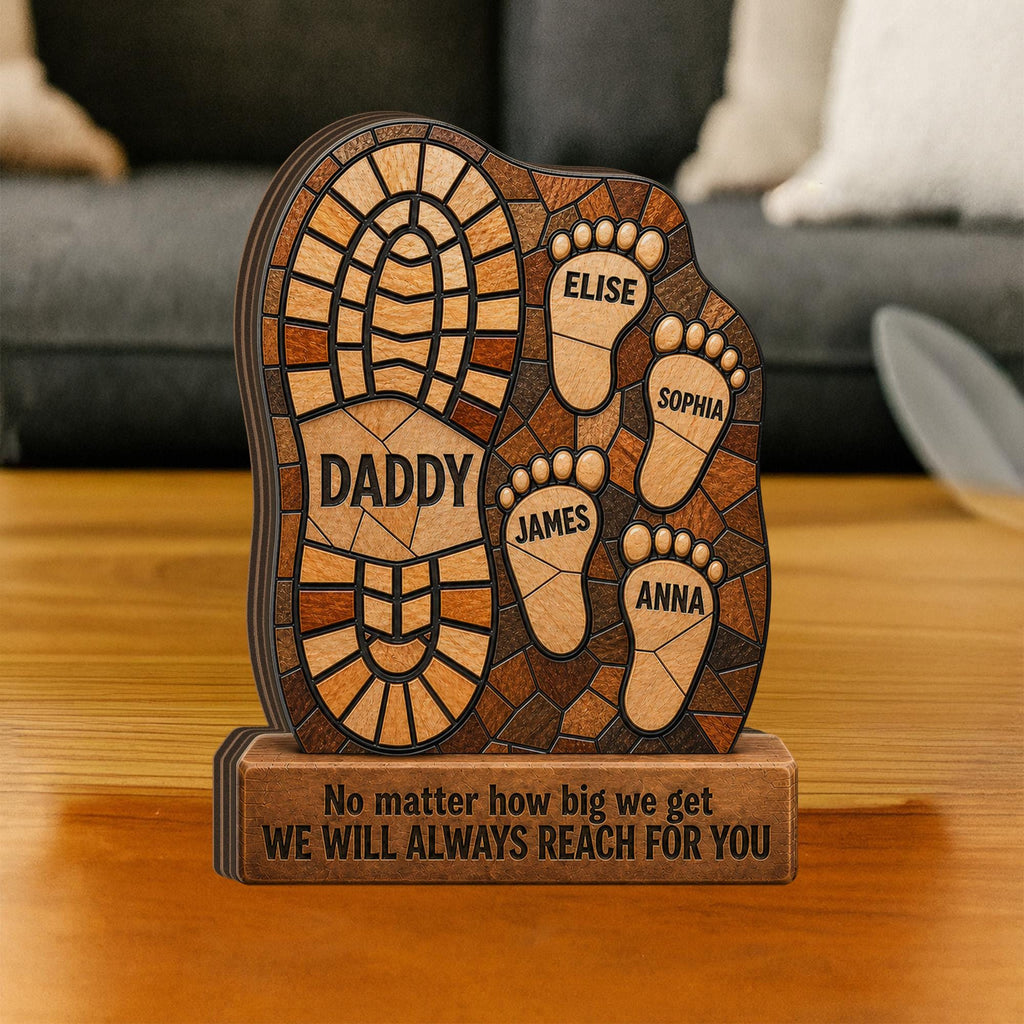 Personalized Dad Footprint Wooden Block Sculpture, Custom Wood Family Namedecor