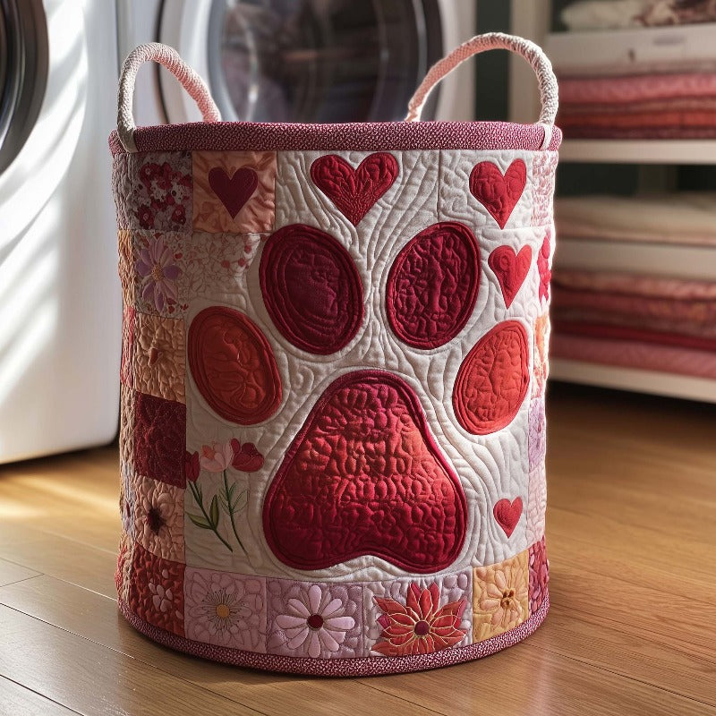 Love Heart Print Quilted Laundry Basket, Padded Fabric Clothes Hamper, Foldable Storage Bin for Bedroom Bathroom Nursery Decor