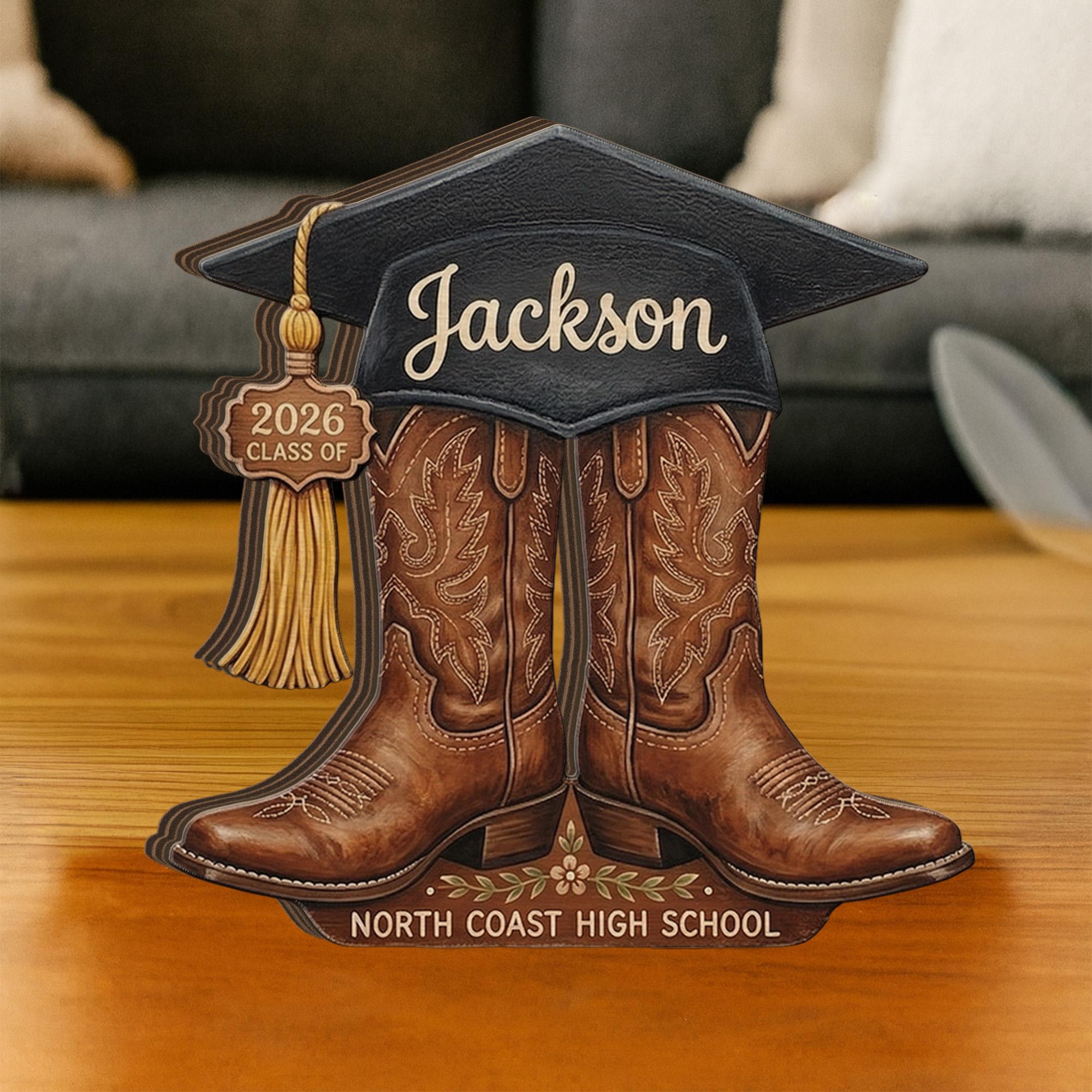 Personalized Wooden Block, Graduation Cap Cowboy Boots Decor, Custom Name Class Year Display, Senior Keepsake
