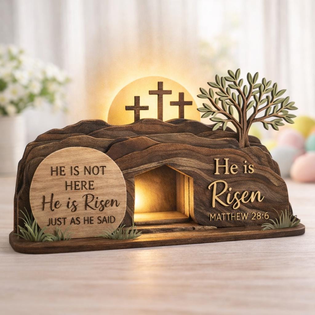 He is Risen Easte Wooden Block, Christian Resurrection Table Sign, Religious Home Decor Gift, Empty Tomb Cross Wood Shelf