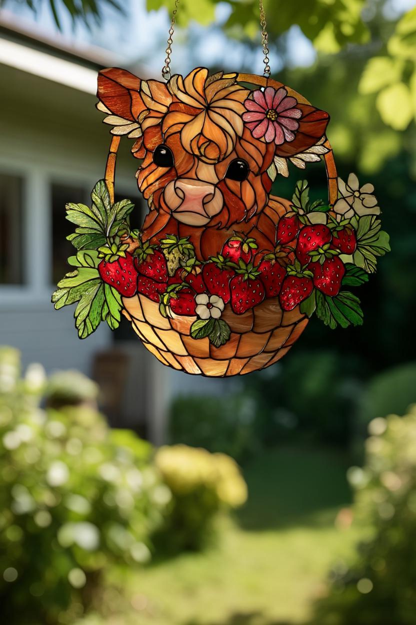 Highland Cow Strawberry Suncatcher Stained Style Farm Animal Floral Window Hanging Decor Gift for Kitchen