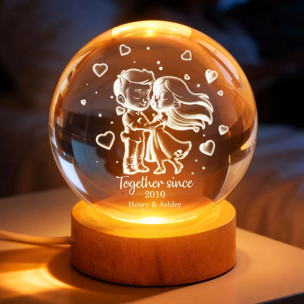 Loving Chibi Couple - Personalized Crystal Ball LED Night Light , Valentines Day Wedding Anniversary Gift For Couple